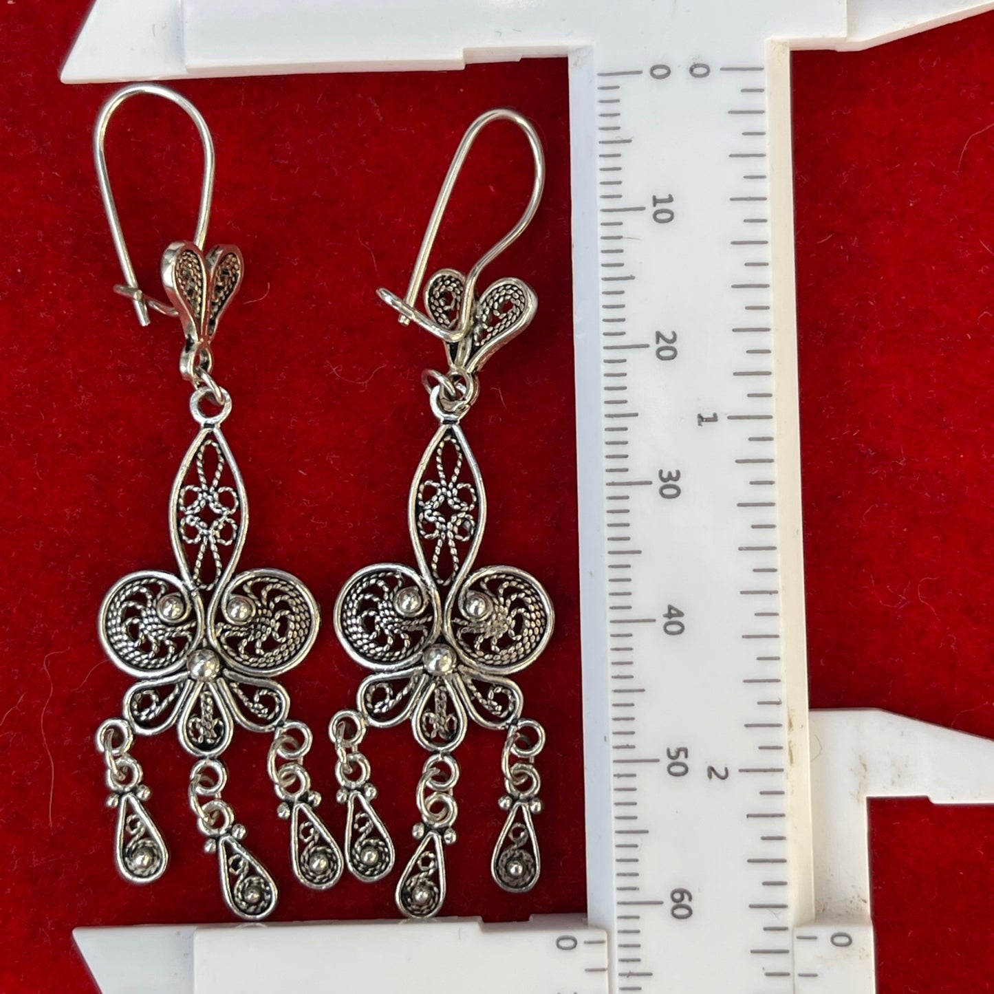 Vintage Sterling Silver Fleur De Lis Filigree earrings Tassel Chandelier Large