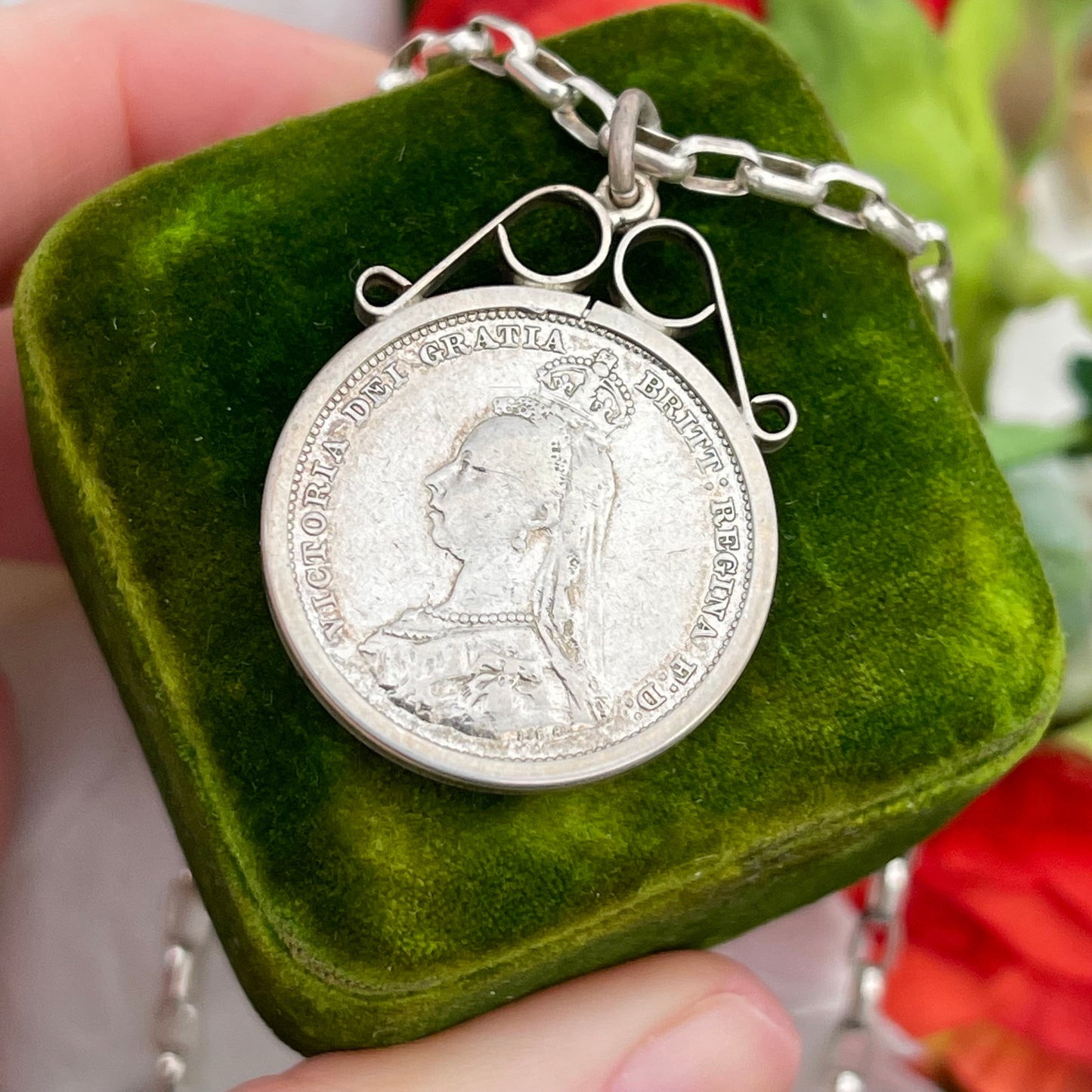 Antique Sterling Silver Victorian Shilling Coin Pendant Necklace 18” chain 1887