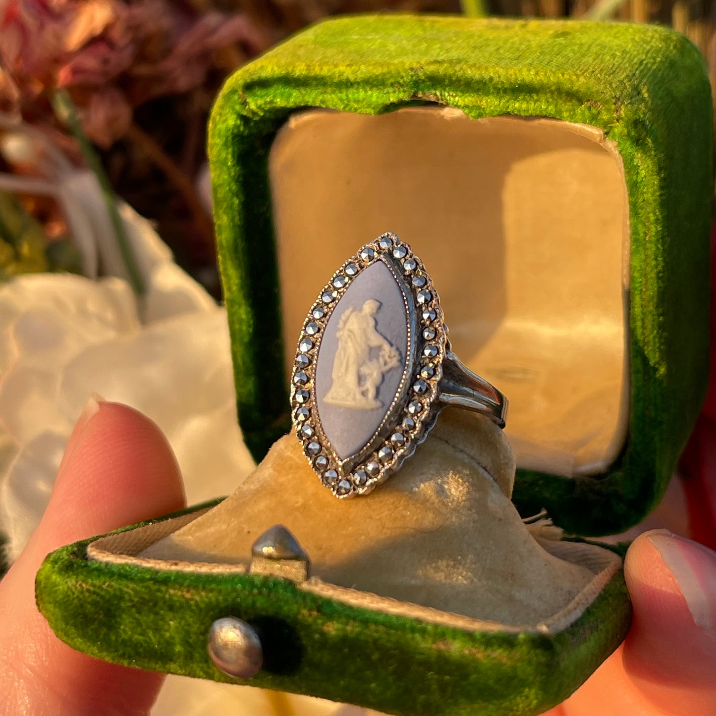 Vintage Sterling Silver Venus & Cupid Wedgwood Blue Cameo Marcasite ring N