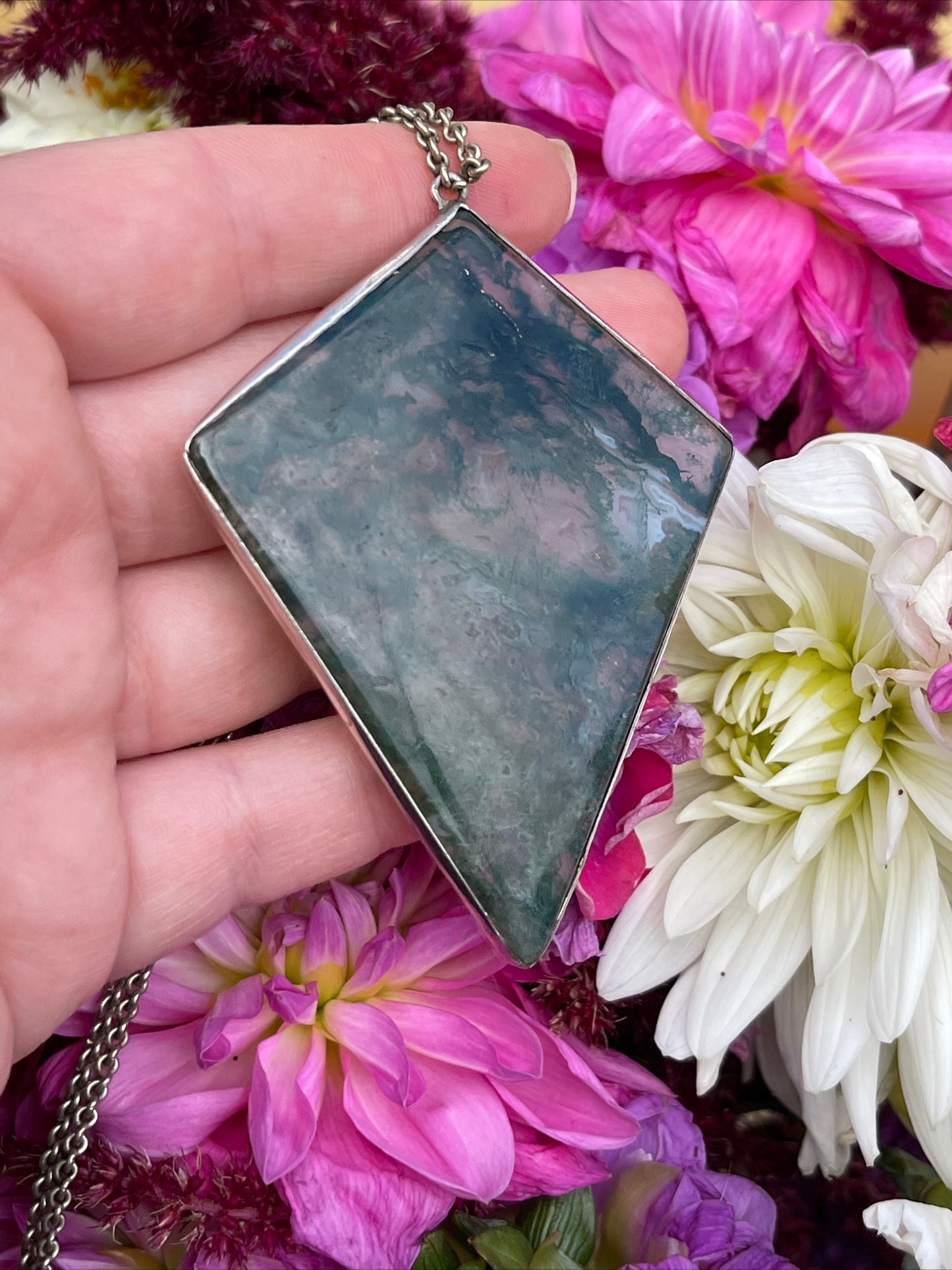 Antique Silver Huge Moss Agate Pendant Diamond Shape Necklace Art Deco Kite 25g