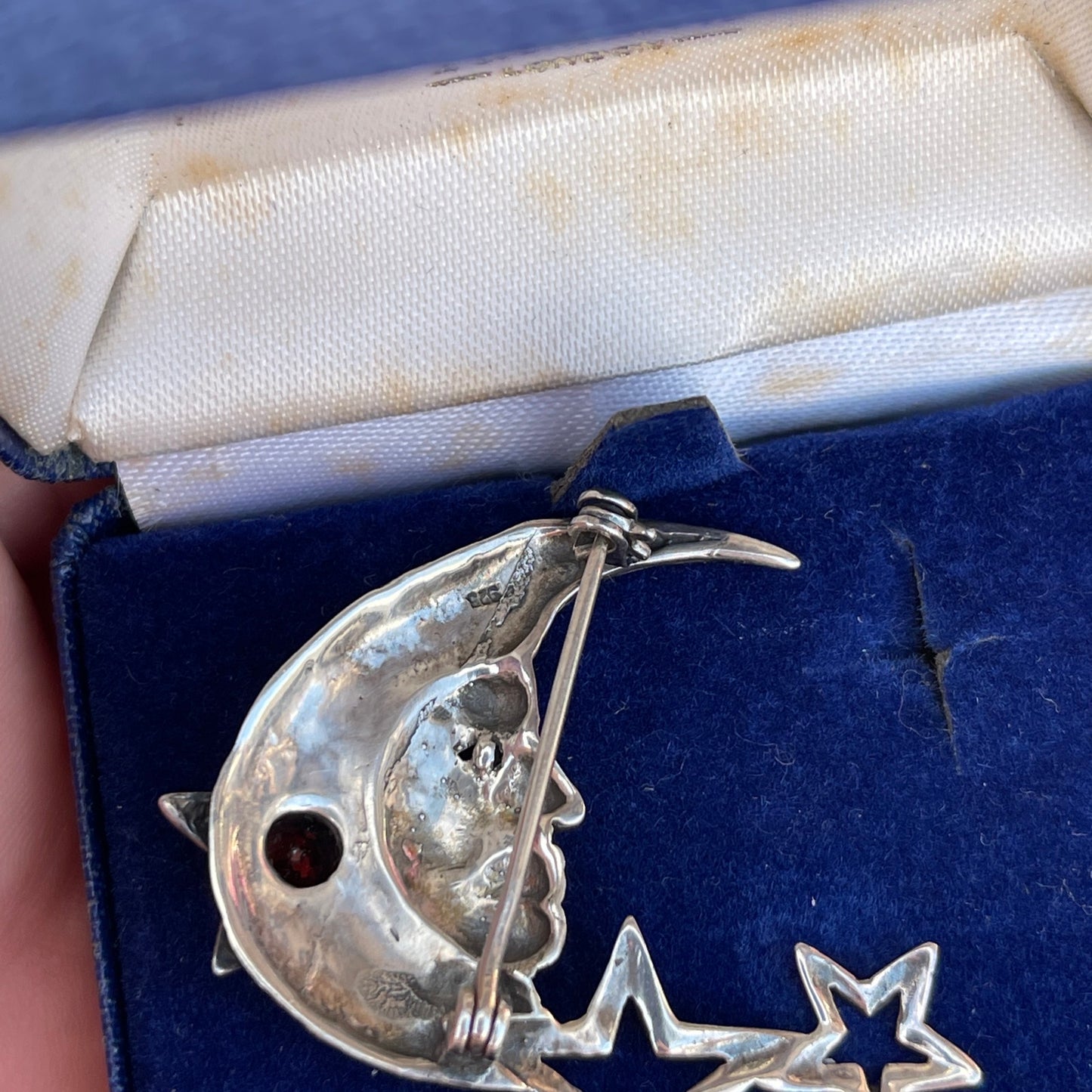 Vintage Sterling Silver Crescent Moon Garnet Brooch