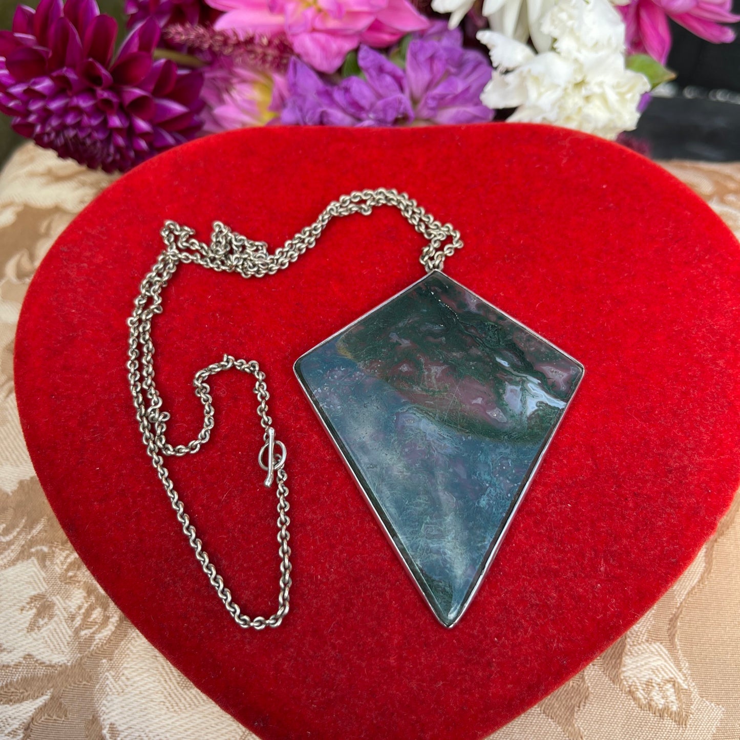 Antique Silver Huge Moss Agate Pendant Diamond Shape Necklace Art Deco Kite 25g