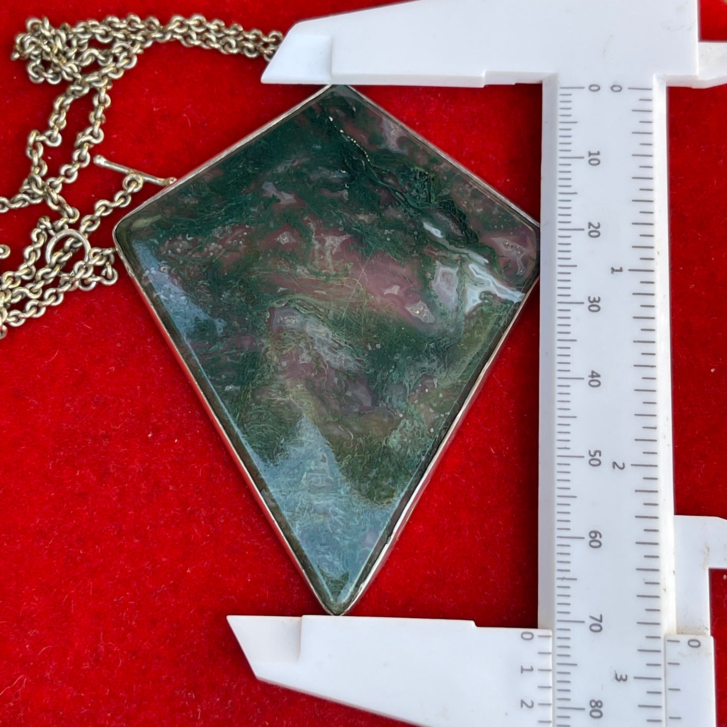 Antique Silver Huge Moss Agate Pendant Diamond Shape Necklace Art Deco Kite 25g