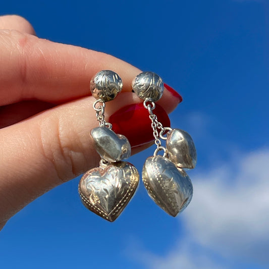 Vintage Silver Puffy Heart Charm Earrings