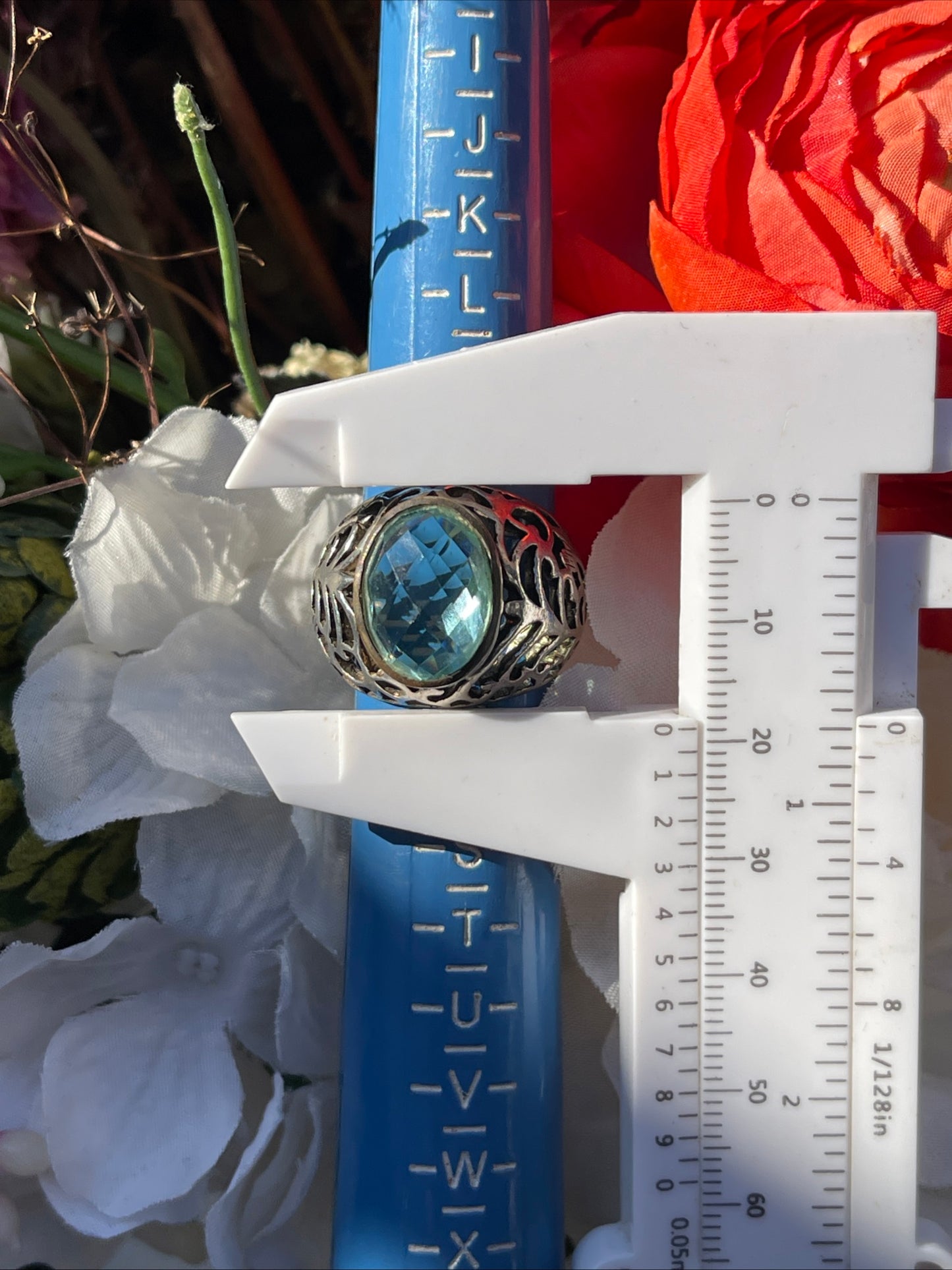 Vintage Sterling Silver Openwork Chunky Ring Blue Stone P-Q Heavy 8.7g