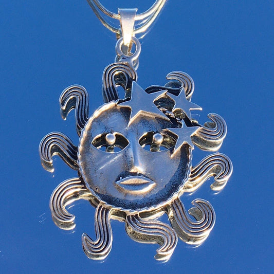 Vintage Sterling Silver Celestial LARGE Heavy sun face and stars necklace