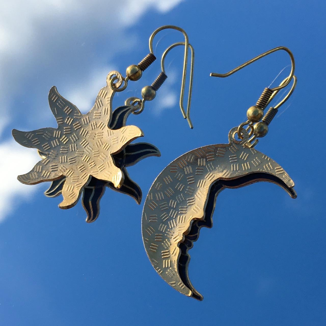 Vintage Black Cloisonné Celestial Sun and Moon earrings