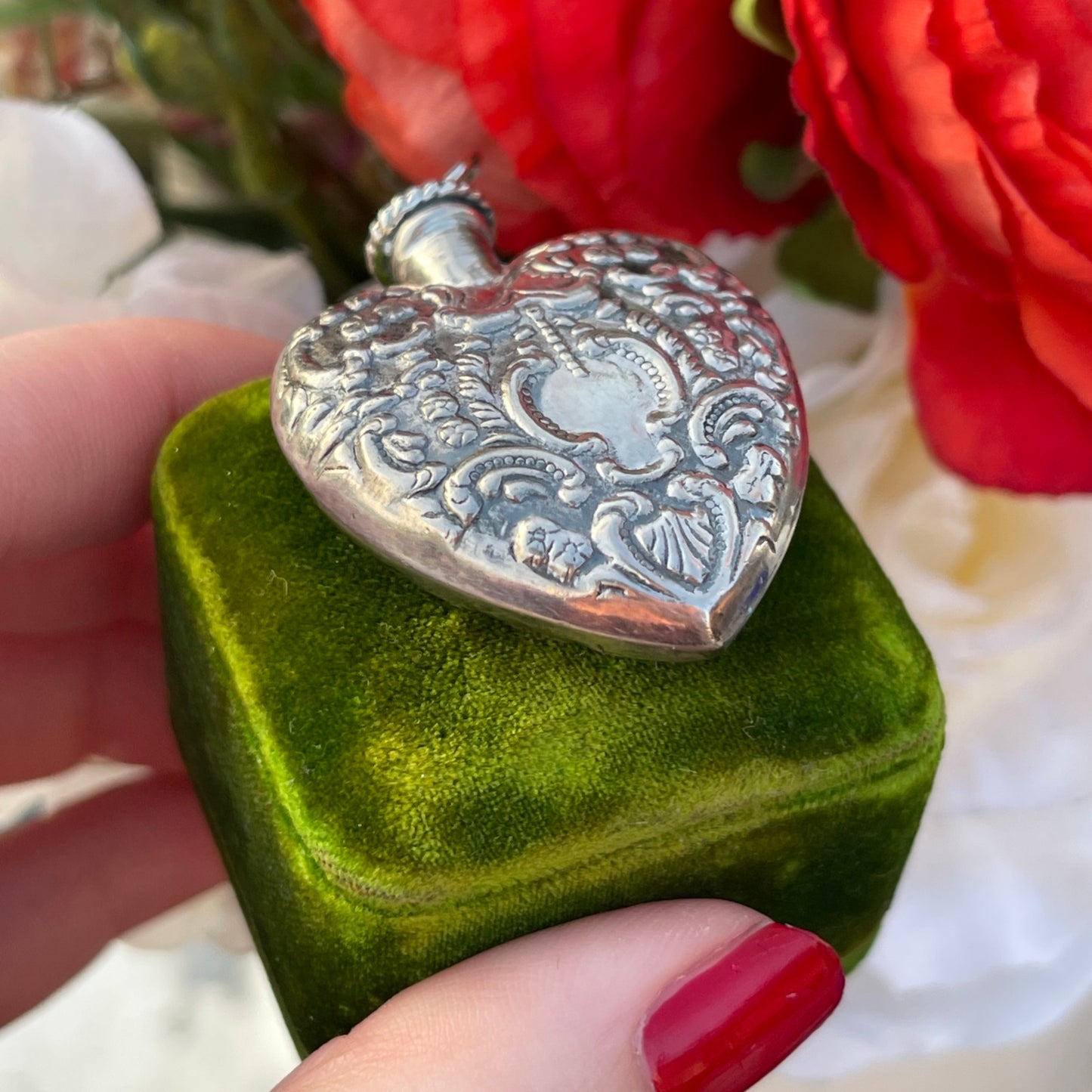 Vintage Sterling Silver Filigree Heart Perfume Repoussé chatelaine Bottle Pendant