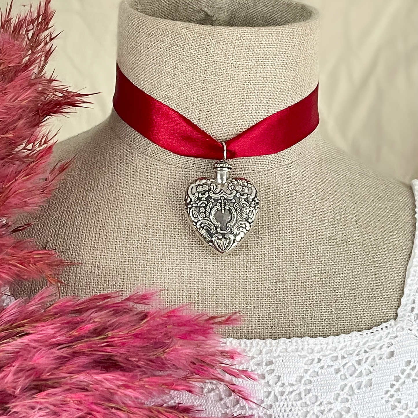 Vintage Sterling Silver Filigree Heart Perfume Repoussé chatelaine Bottle Pendant