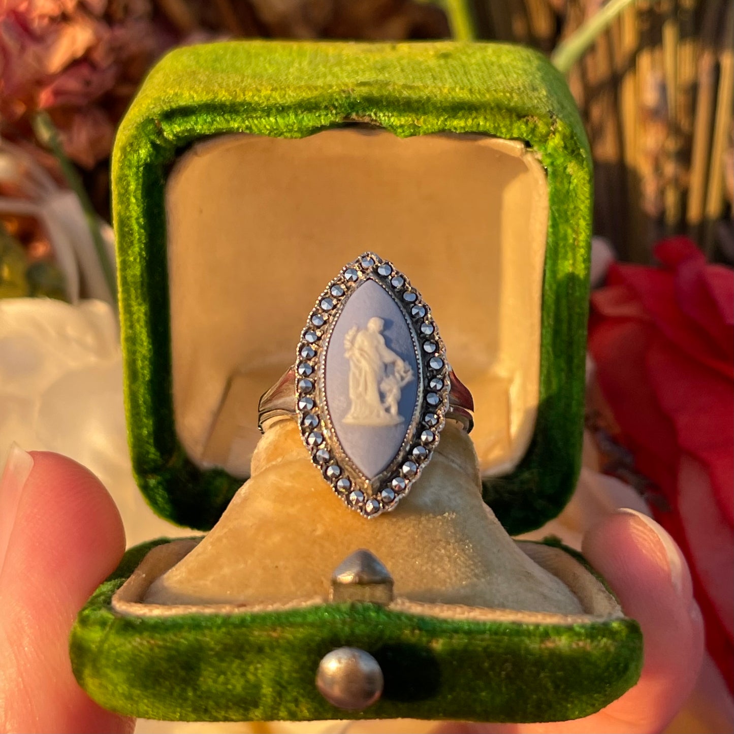 Vintage Sterling Silver Venus & Cupid Wedgwood Blue Cameo Marcasite ring N