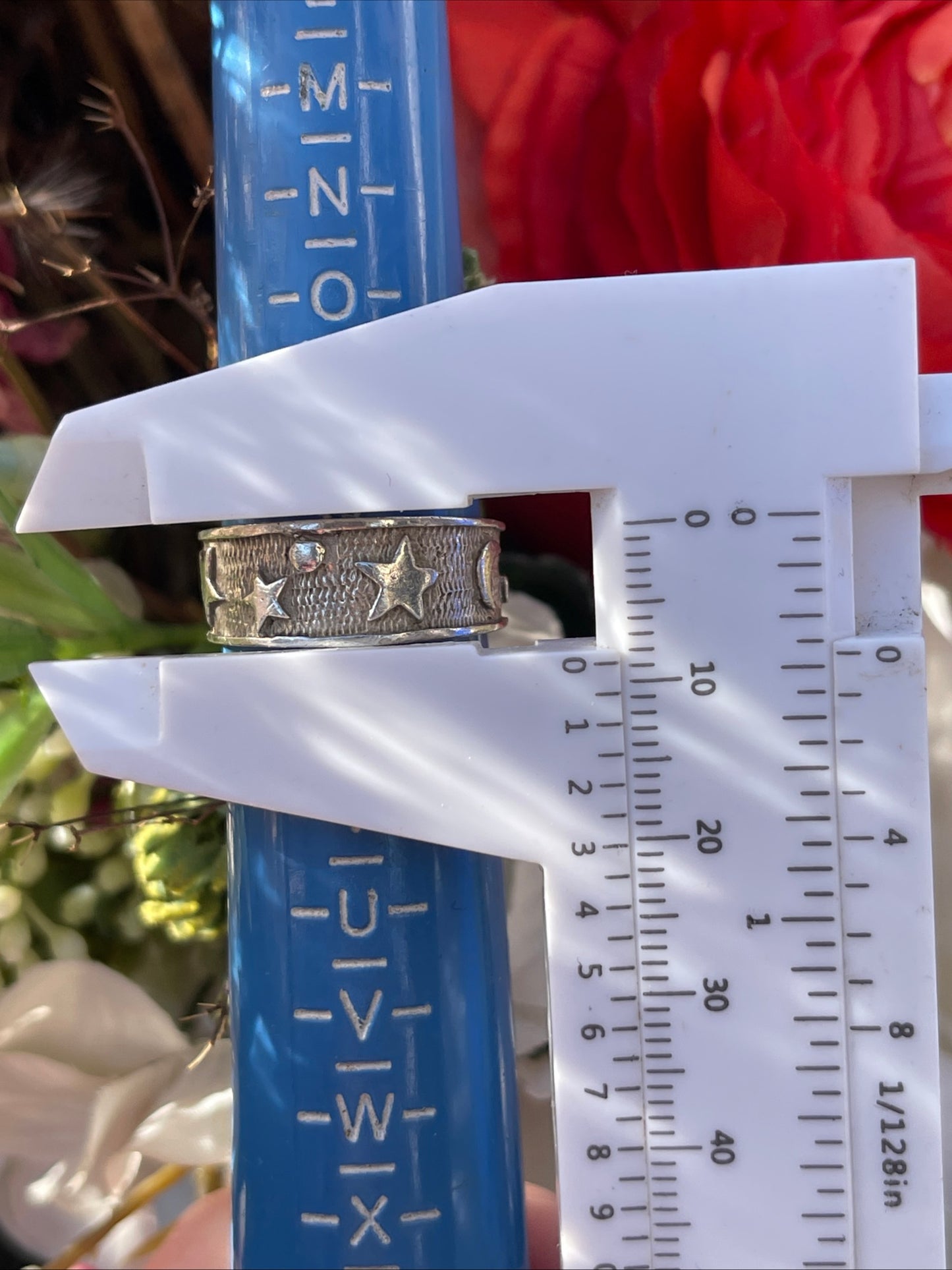 Vintage Sterling Silver Celestial Ring Moon Stars Chunky Q-R