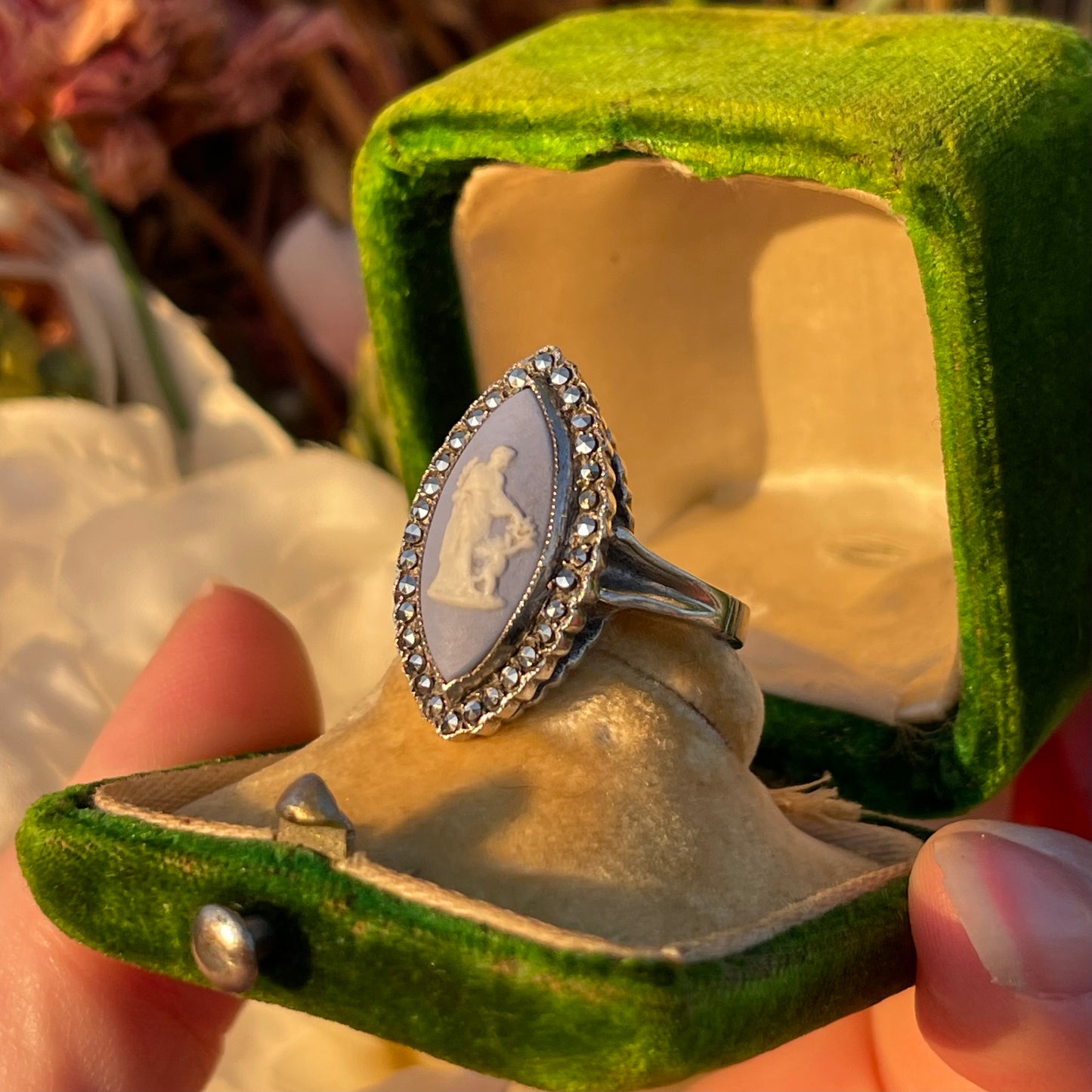 Vintage Sterling Silver Venus & Cupid Wedgwood Blue Cameo Marcasite ring N
