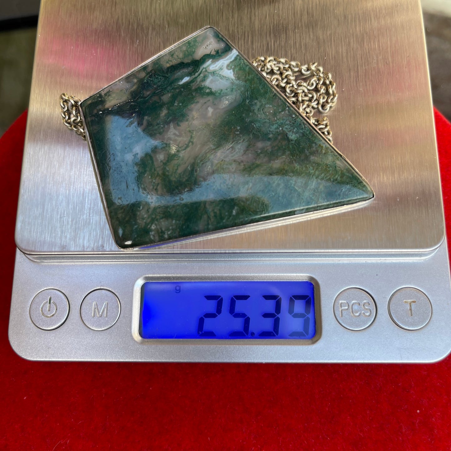 Antique Silver Huge Moss Agate Pendant Diamond Shape Necklace Art Deco Kite 25g
