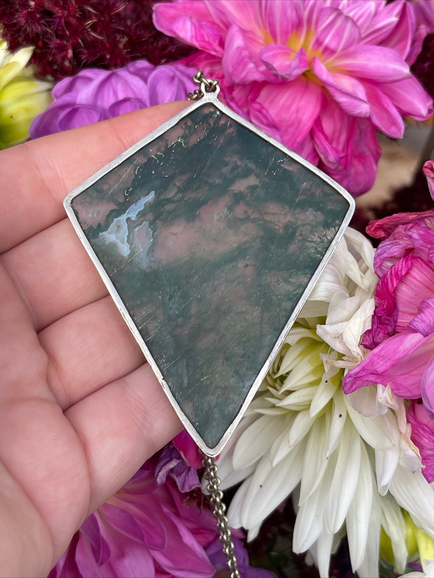 Antique Silver Huge Moss Agate Pendant Diamond Shape Necklace Art Deco Kite 25g