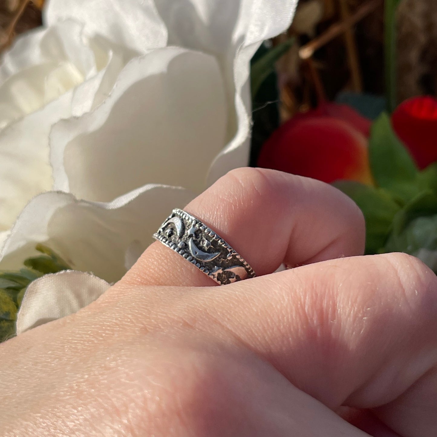 Vintage Sterling Silver Celestial Moon & Stars Ring L