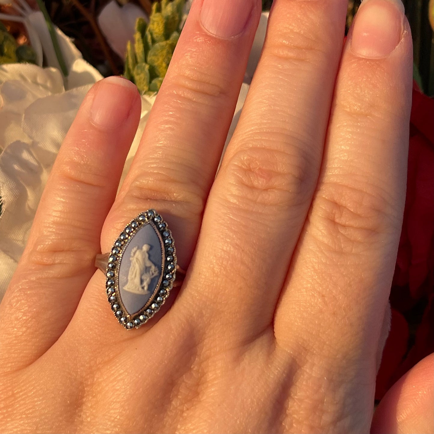 Vintage Sterling Silver Venus & Cupid Wedgwood Blue Cameo Marcasite ring N