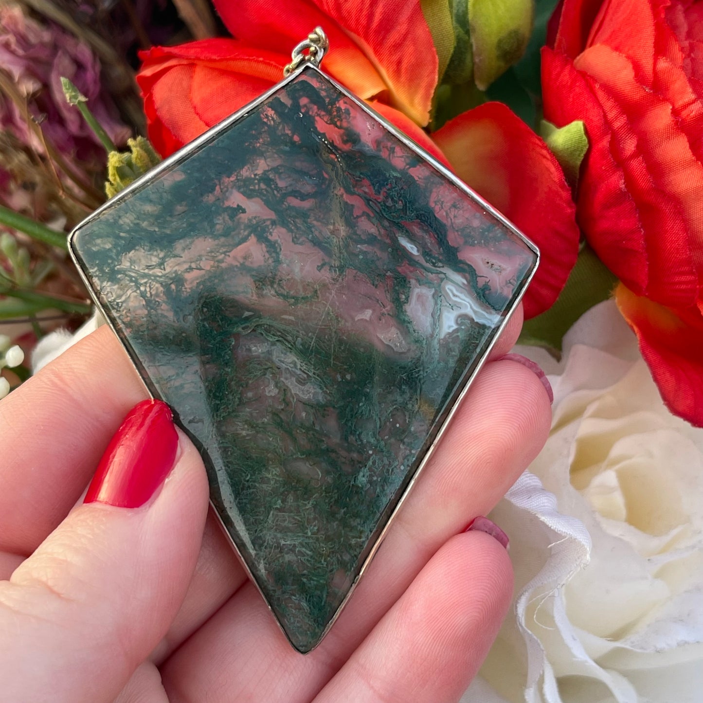 Antique Silver Huge Moss Agate Pendant Diamond Shape Necklace Art Deco Kite 25g