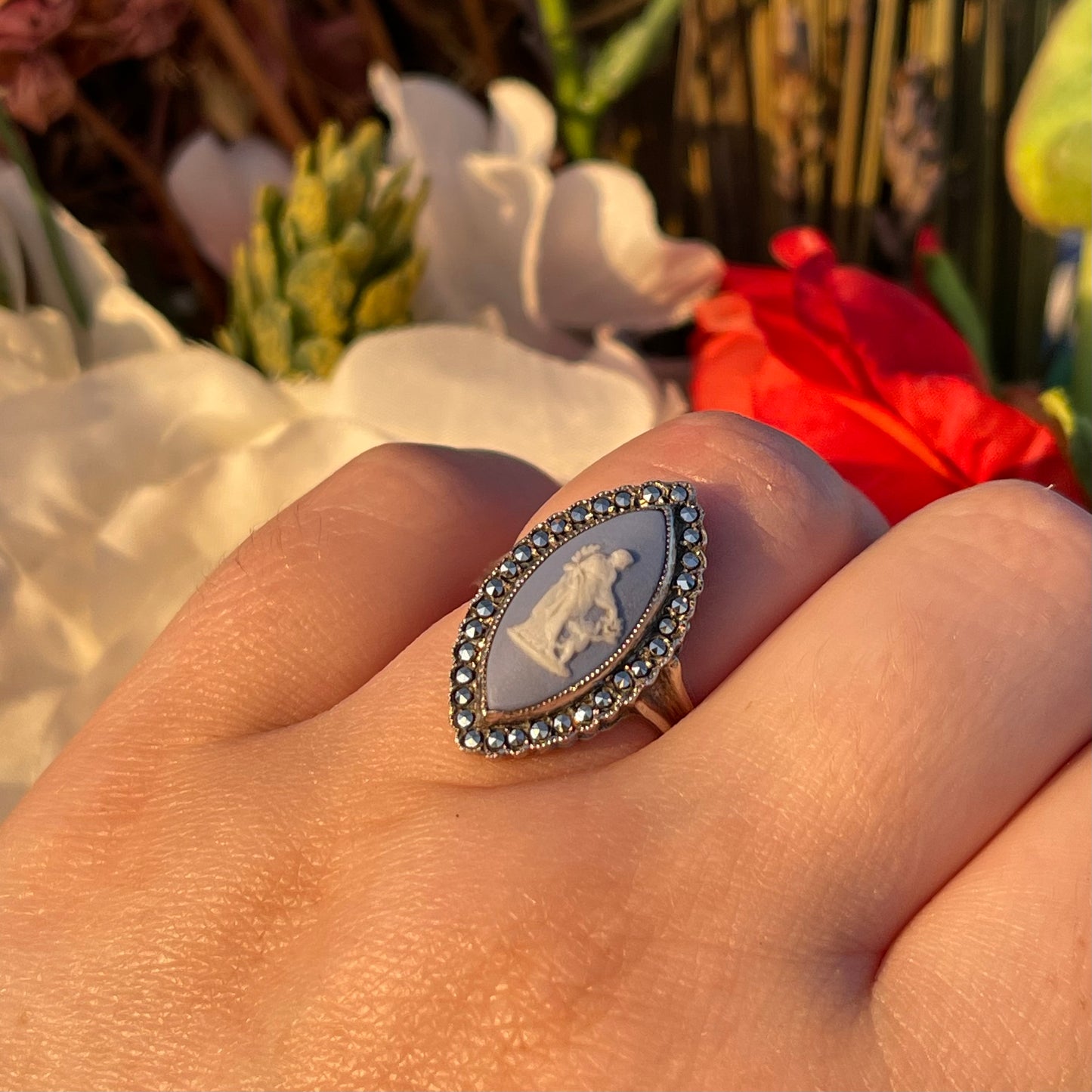 Vintage Sterling Silver Venus & Cupid Wedgwood Blue Cameo Marcasite ring N
