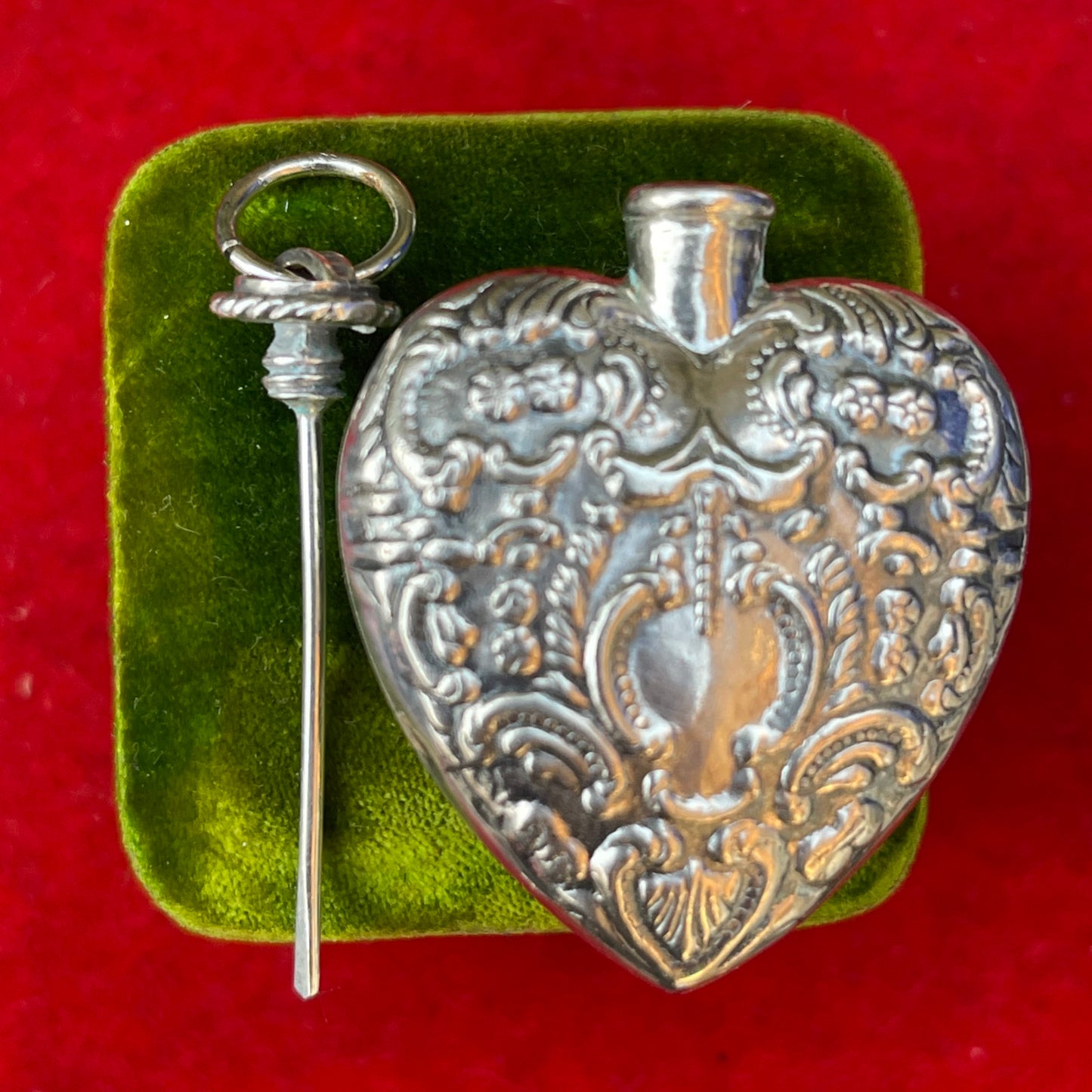 Vintage Sterling Silver Filigree Heart Perfume Repoussé chatelaine Bottle Pendant