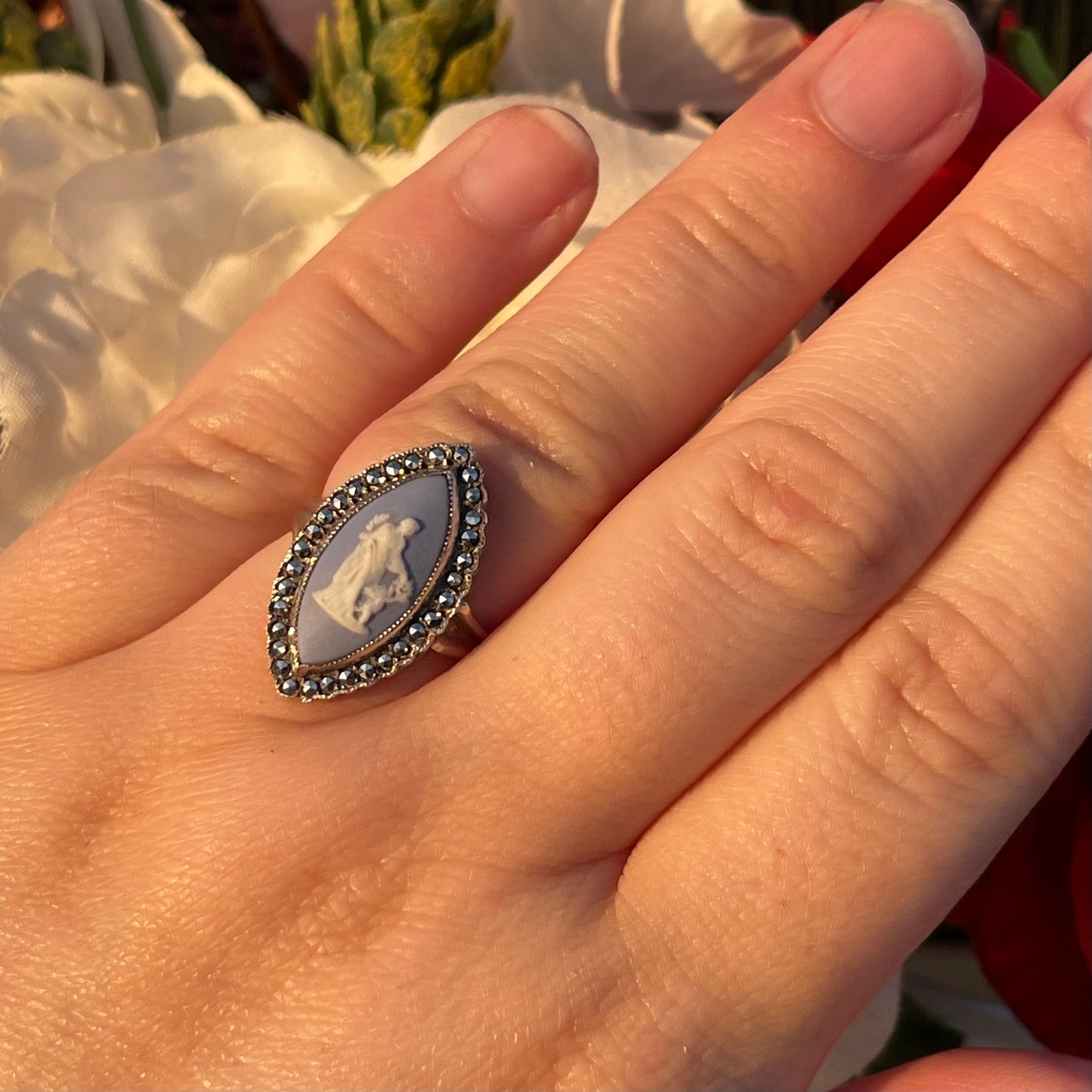 Vintage Sterling Silver Venus & Cupid Wedgwood Blue Cameo Marcasite ring N