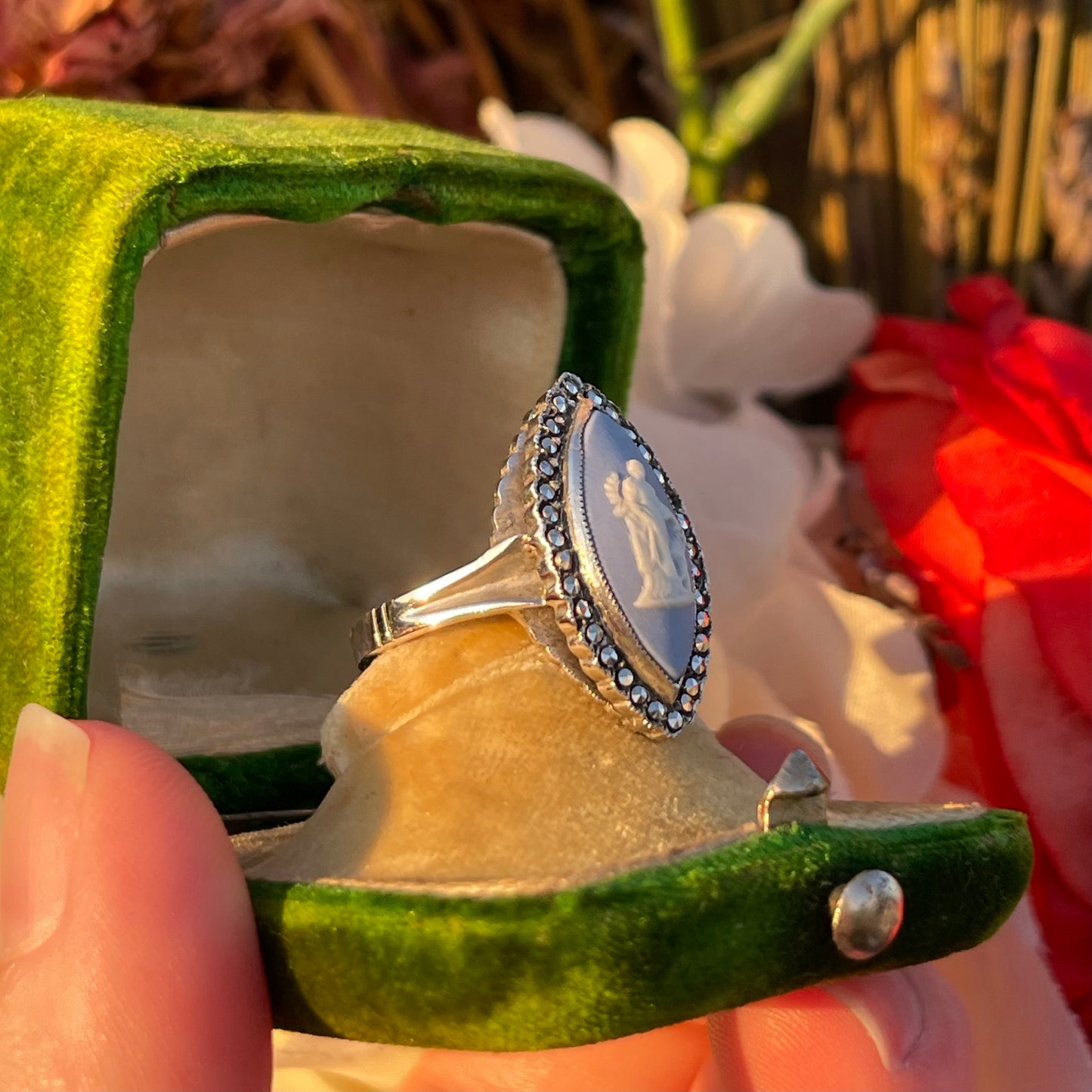 Vintage Sterling Silver Venus & Cupid Wedgwood Blue Cameo Marcasite ring N