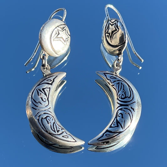 Vintage Silver Crescent Moon & Star earrings