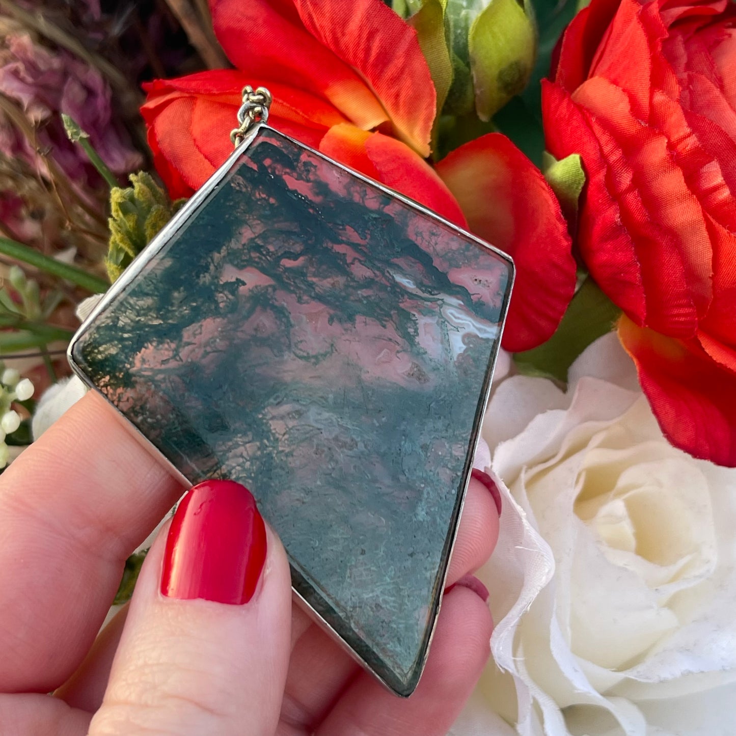 Antique Silver Huge Moss Agate Pendant Diamond Shape Necklace Art Deco Kite 25g