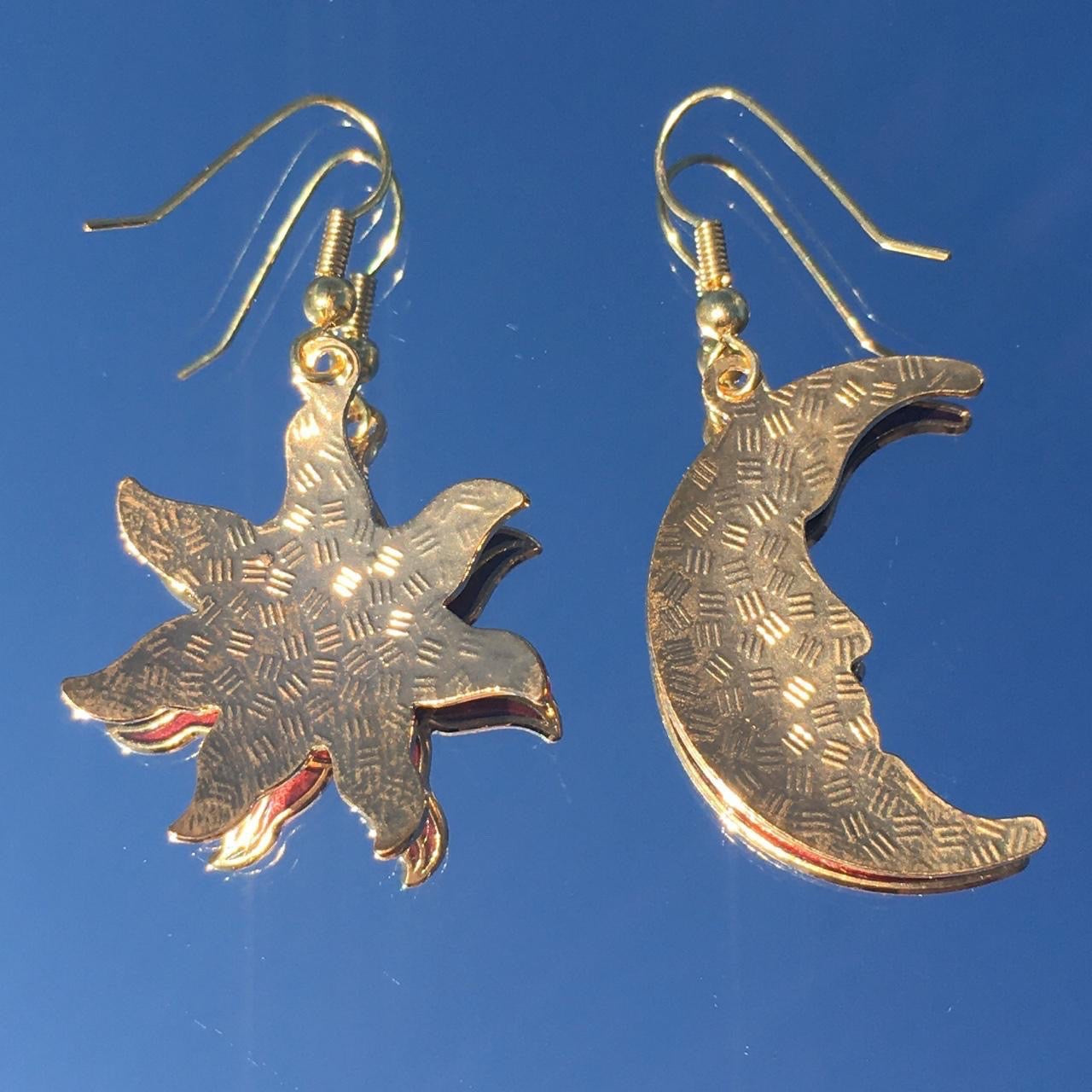 Vintage Red Cloisonné Celestial Sun and Moon earrings