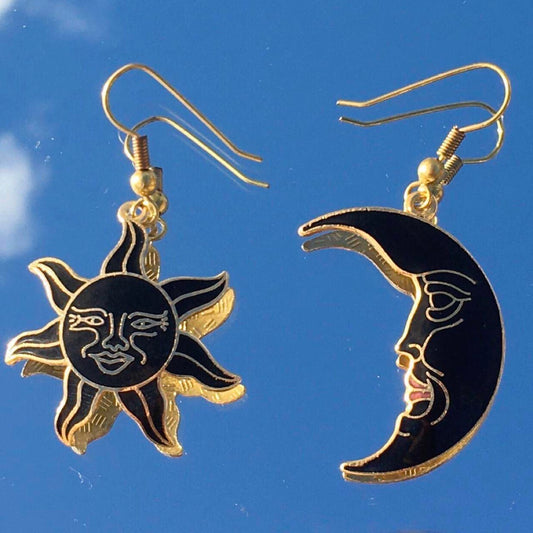 Vintage Black Cloisonné Celestial Sun and Moon earrings