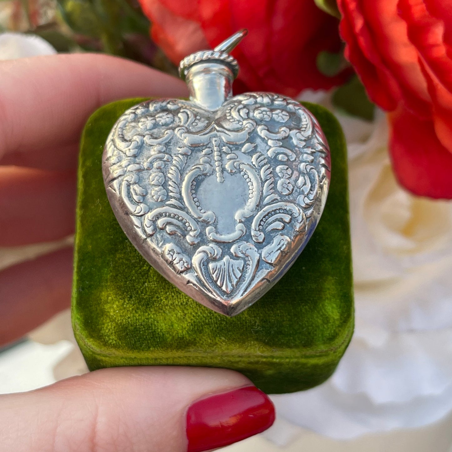 Vintage Sterling Silver Filigree Heart Perfume Repoussé chatelaine Bottle Pendant