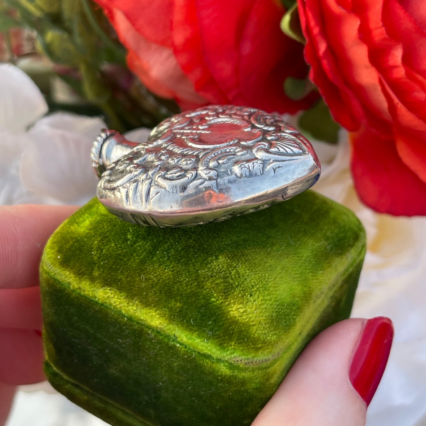 Vintage Sterling Silver Filigree Heart Perfume Repoussé chatelaine Bottle Pendant