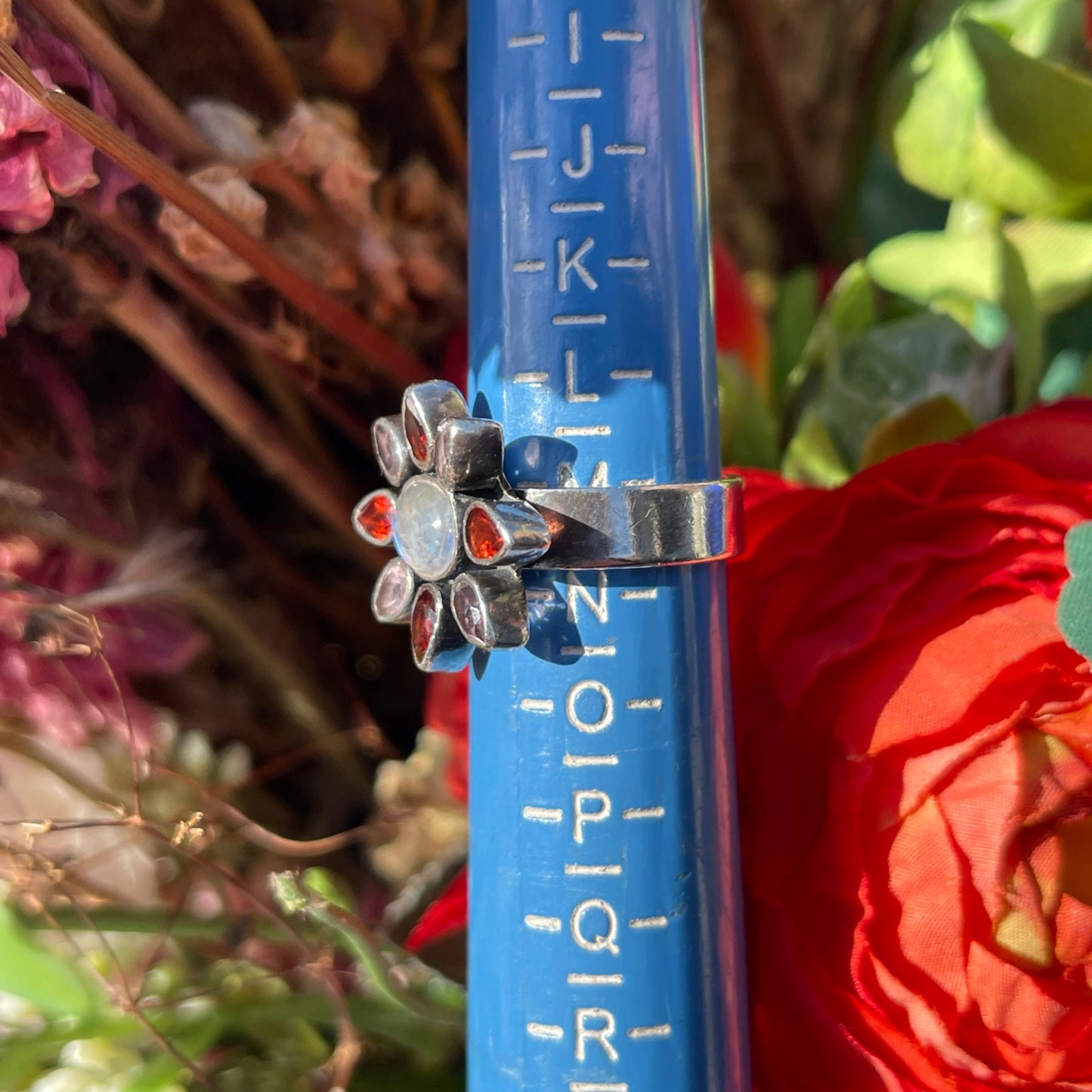 Sterling Silver Moonstone Amethyst Garnet Crystal Flower Ring M