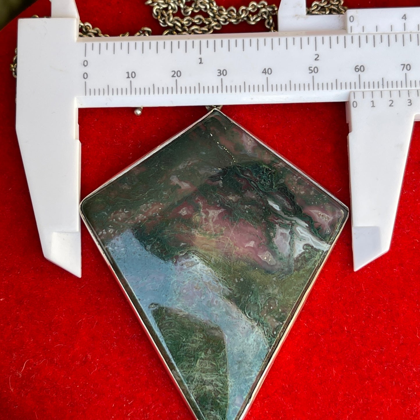 Antique Silver Huge Moss Agate Pendant Diamond Shape Necklace Art Deco Kite 25g