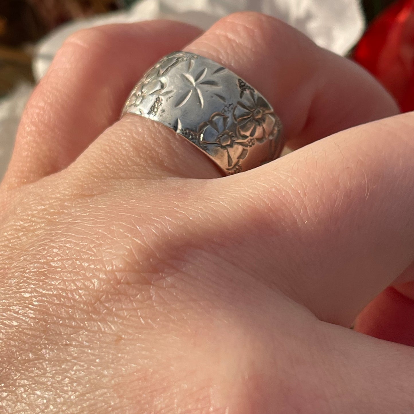 Vintage Sterling Silver Floral Star Engraved Thick Band Ring 12mm 1973 U-V