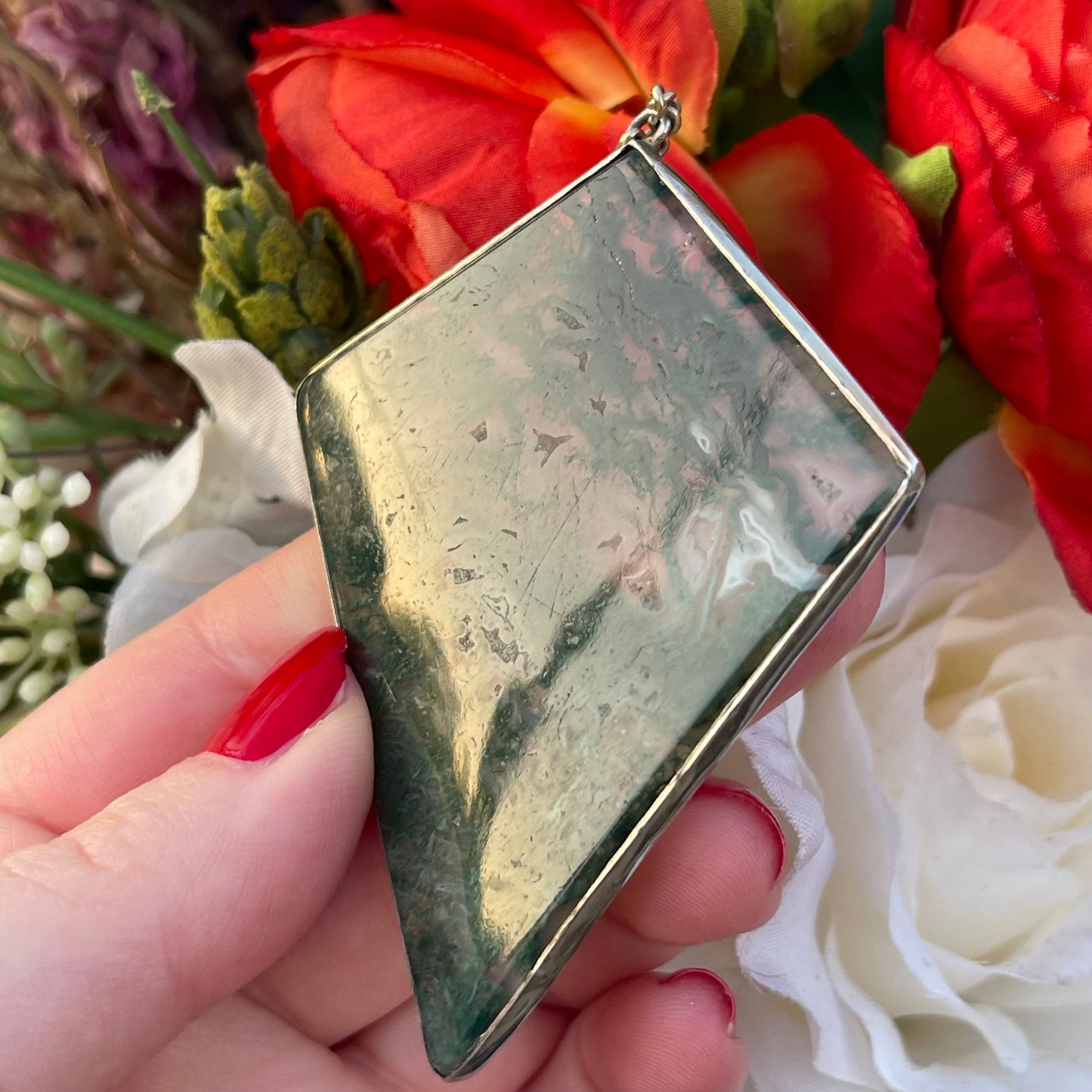 Antique Silver Huge Moss Agate Pendant Diamond Shape Necklace Art Deco Kite 25g