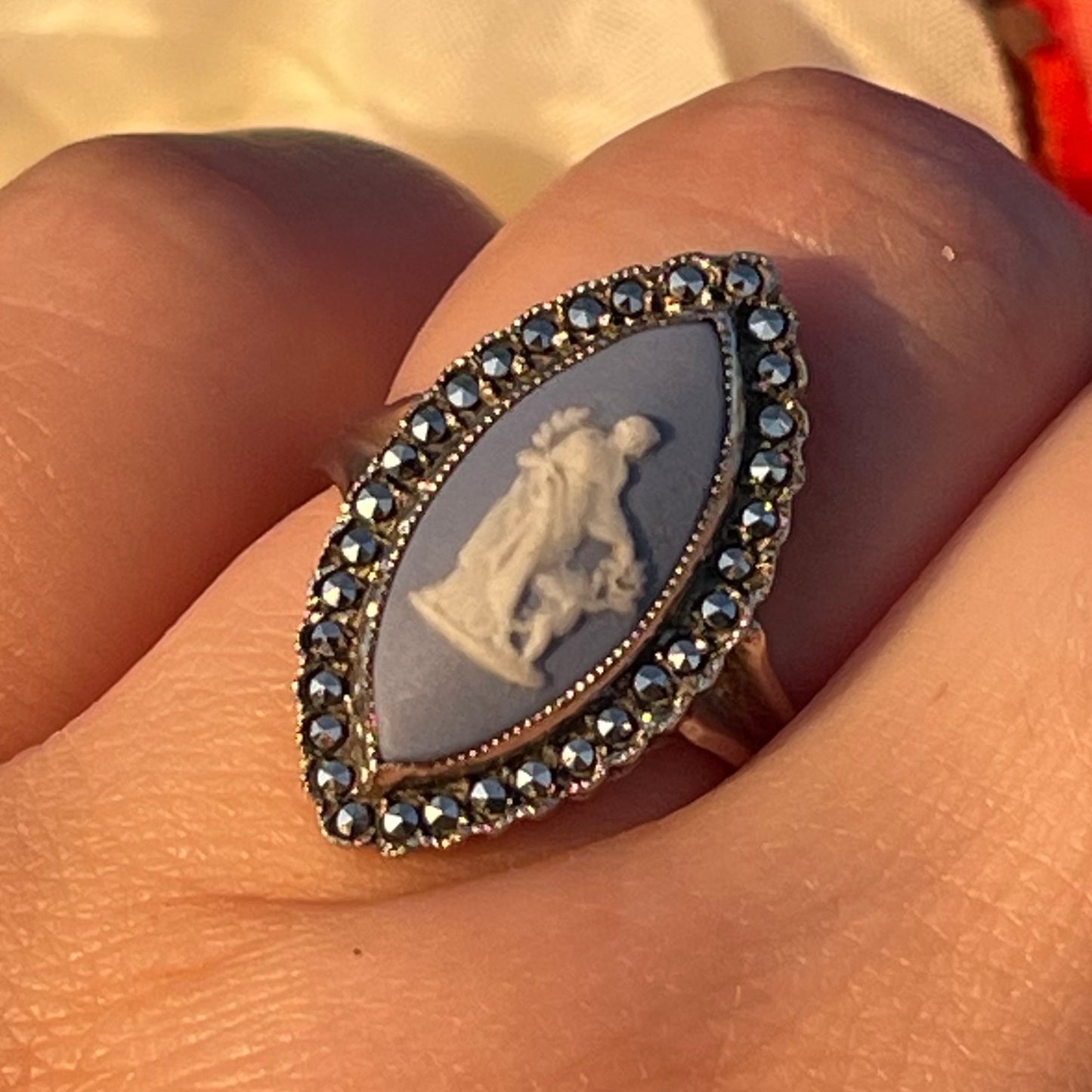 Vintage Sterling Silver Venus & Cupid Wedgwood Blue Cameo Marcasite ring N