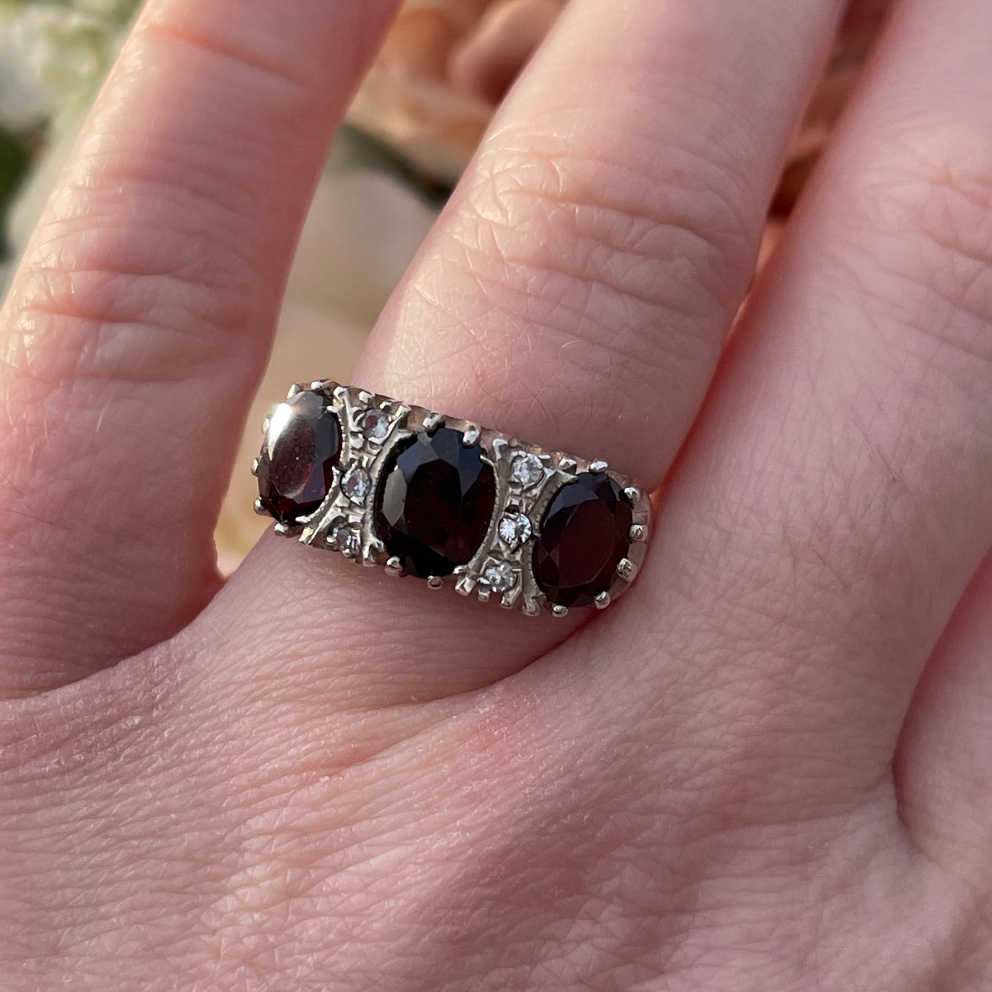 Vintage Sterling Silver 3 triple stone Gypsy Ring Victorian inspired 1977 Q 4.4g