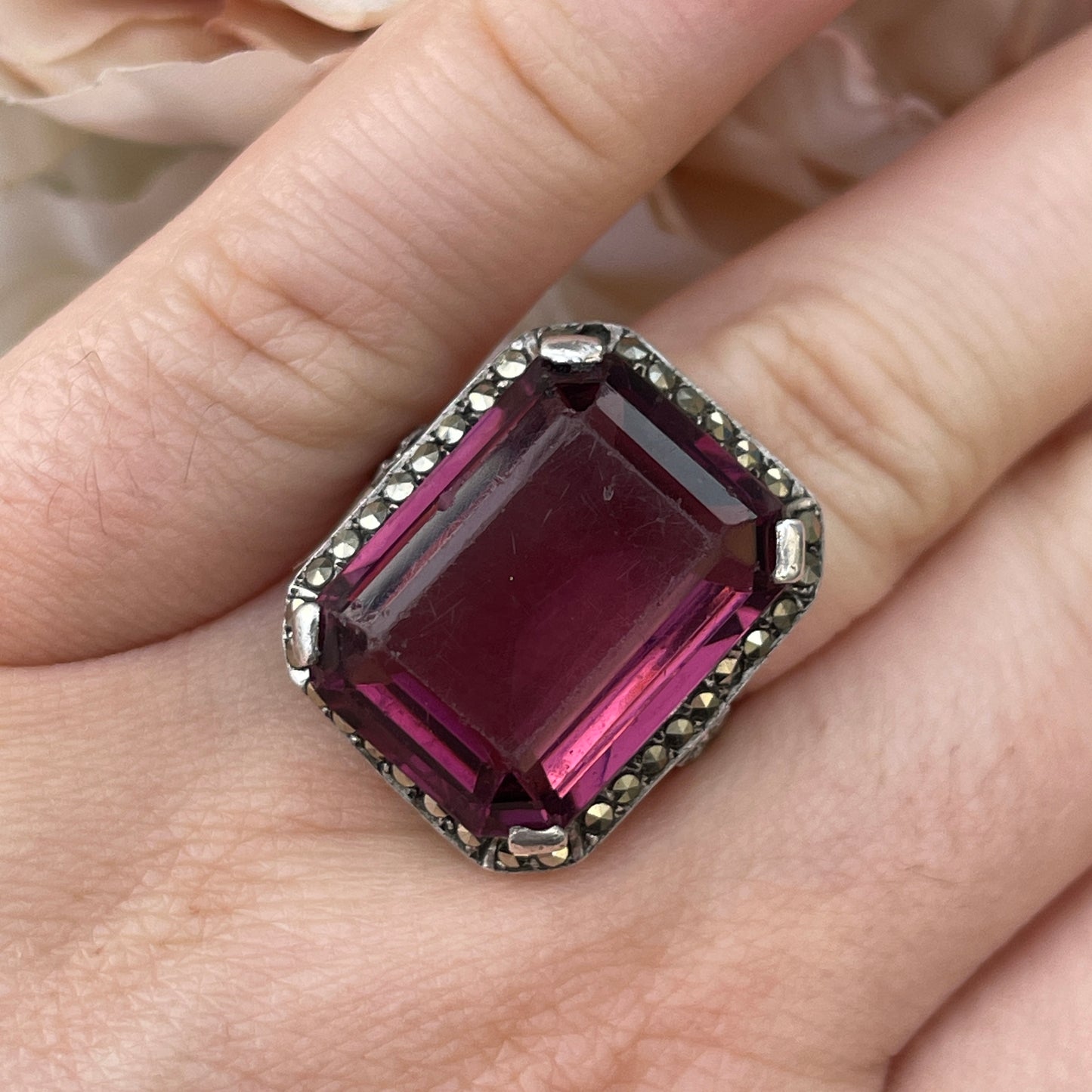Unreleased: Art Deco Sterling Silver Huge Amethyst Cocktail Ring P