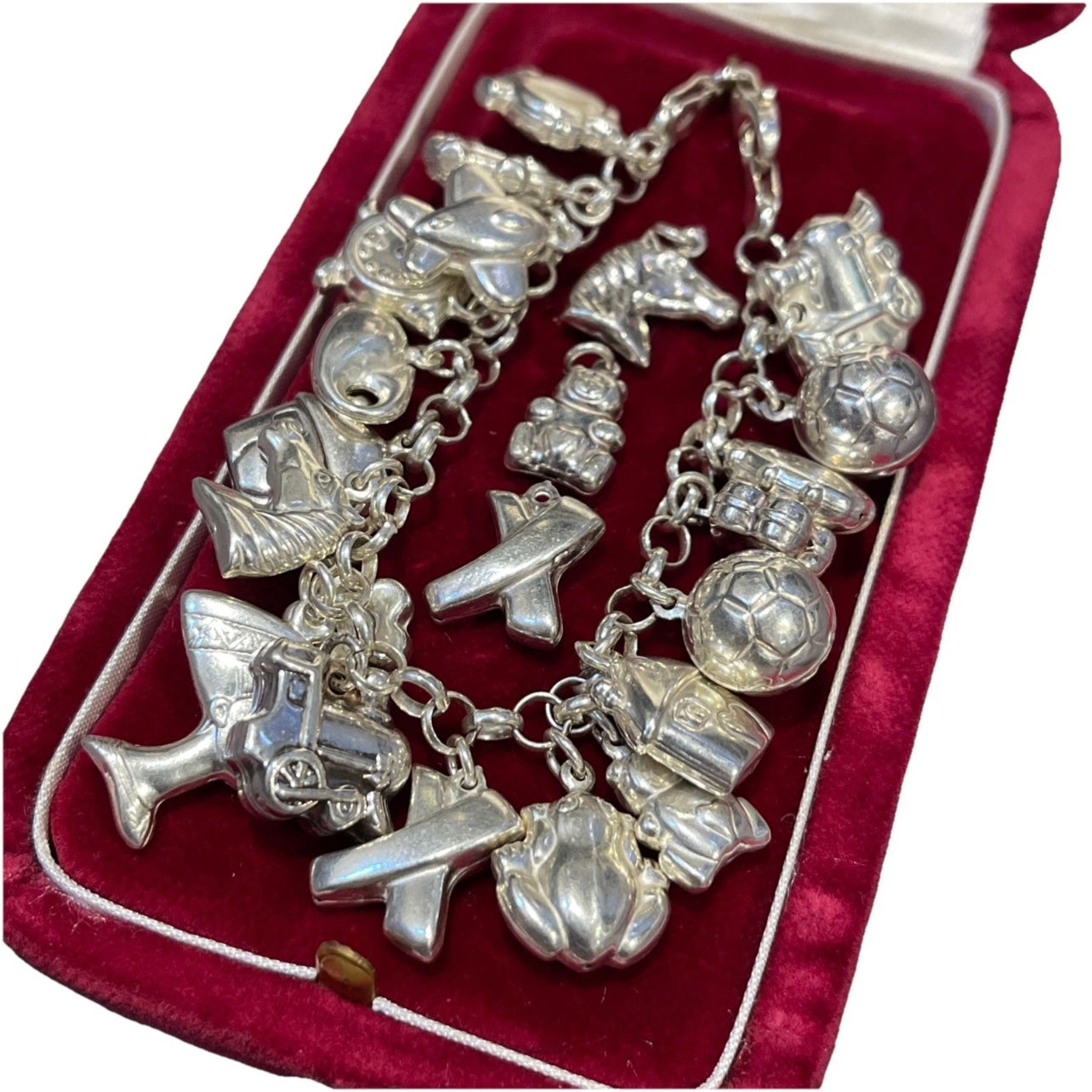 Vintage Sterling Silver puffy Charm Bracelet 22 charms