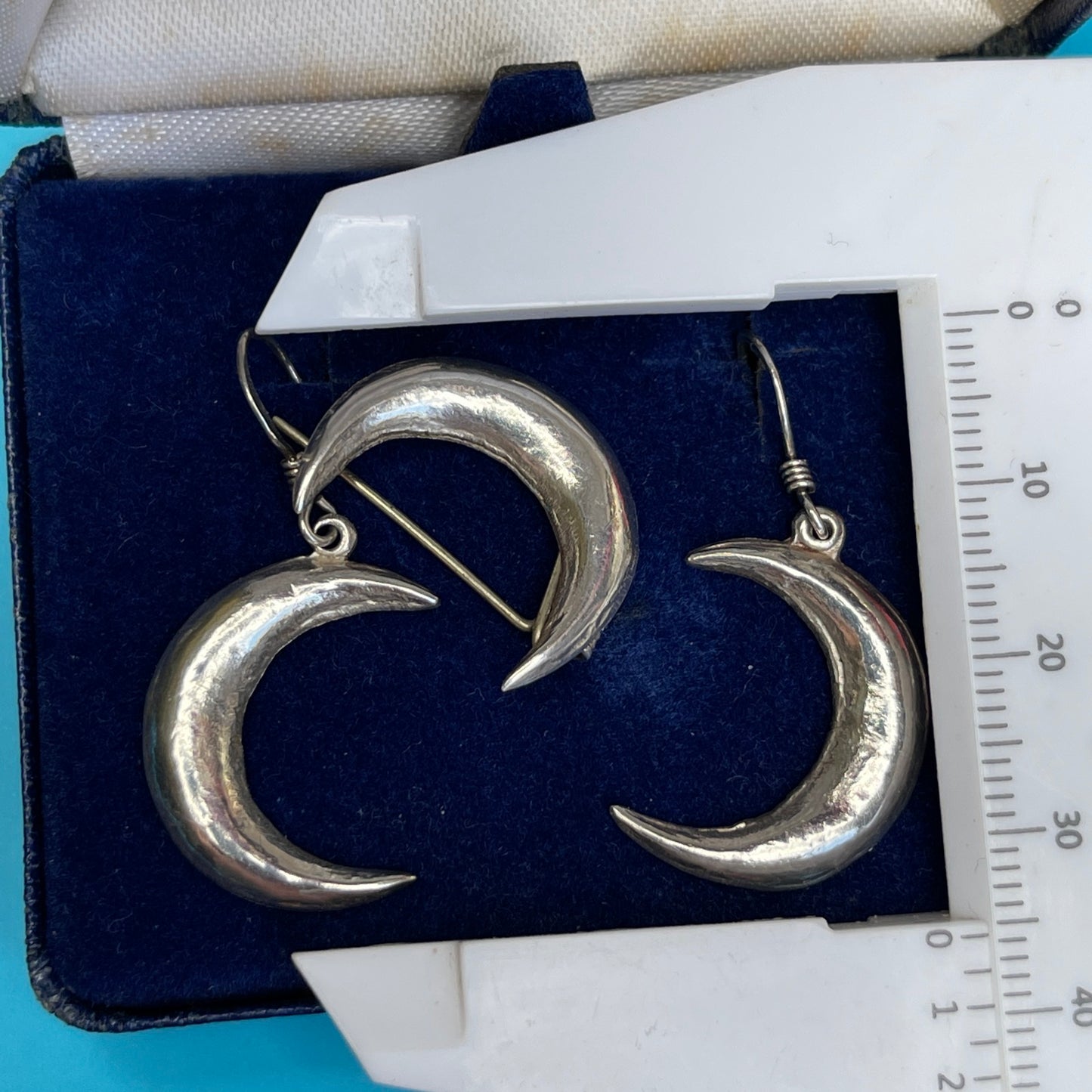 Antique Victorian Silver Moon Earrings & Brooch Set