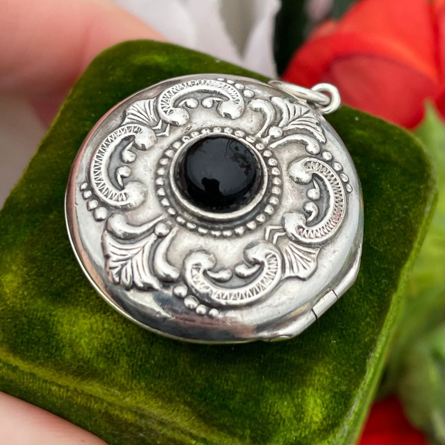 Antique Sterling Silver Black Onyx Locket Powder Chatelaine