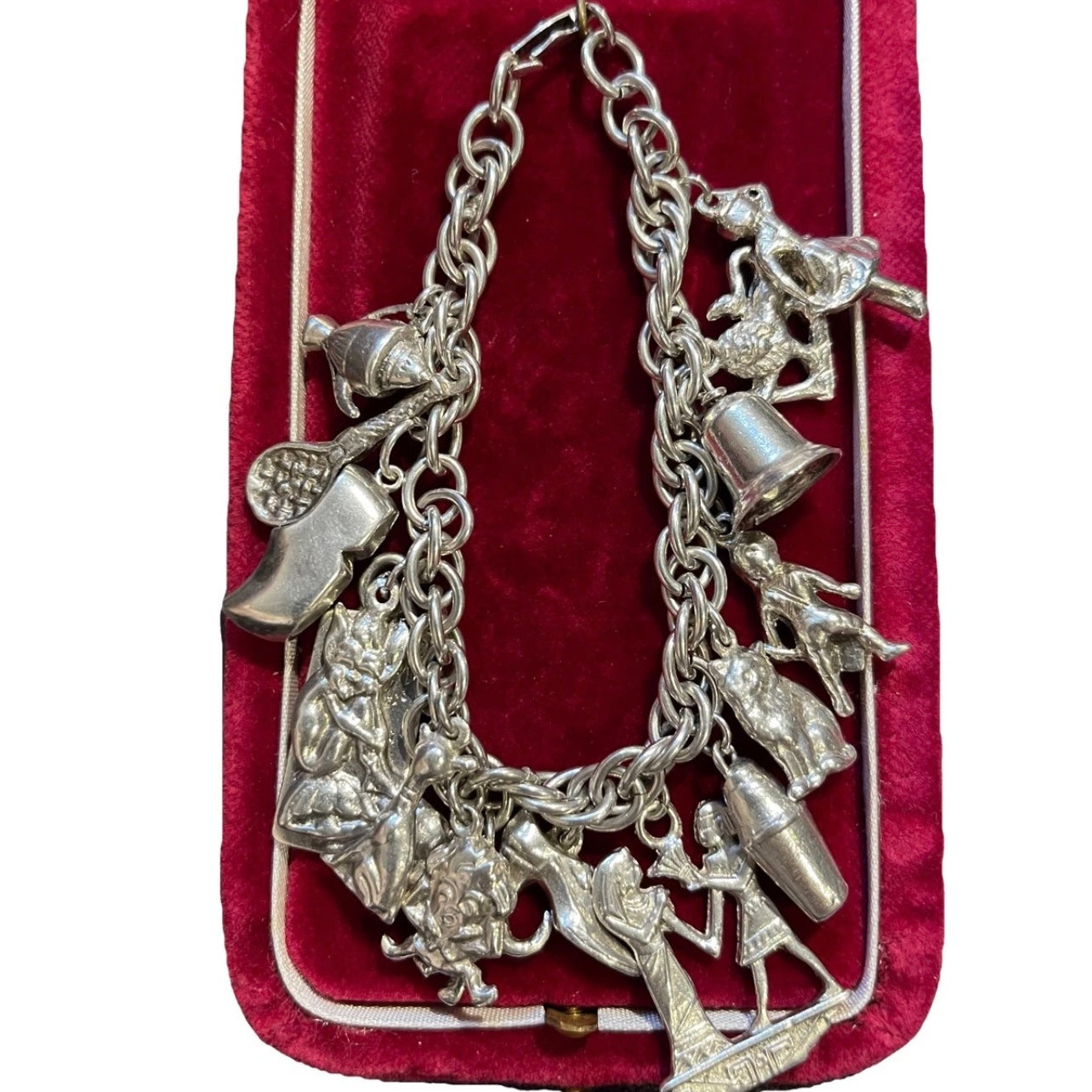 Antique Vintage Sterling Silver Charm Bracelet 16 Charms Heavy 67g