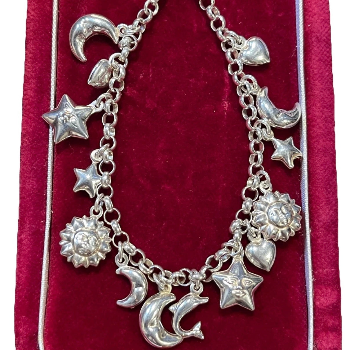 Vintage Sterling Silver Celestial Puffy Moon Star Sun Charm Bracelet