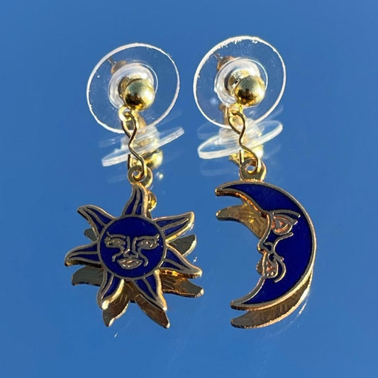 Vintage Blue Cloisonné Celestial Sun and Moon Stud Earrings
