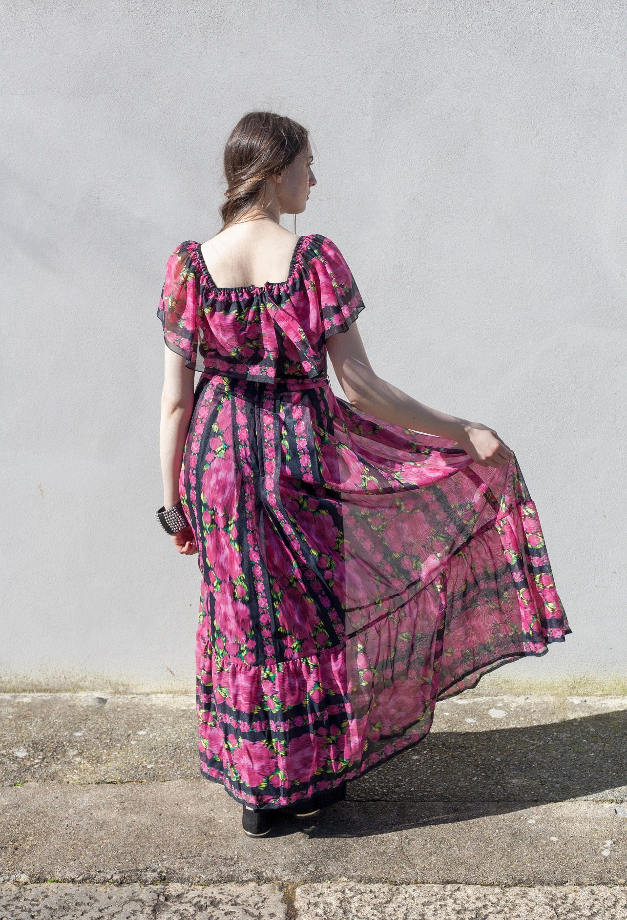 Vintage 70s pink floral off shoulder maxi dress