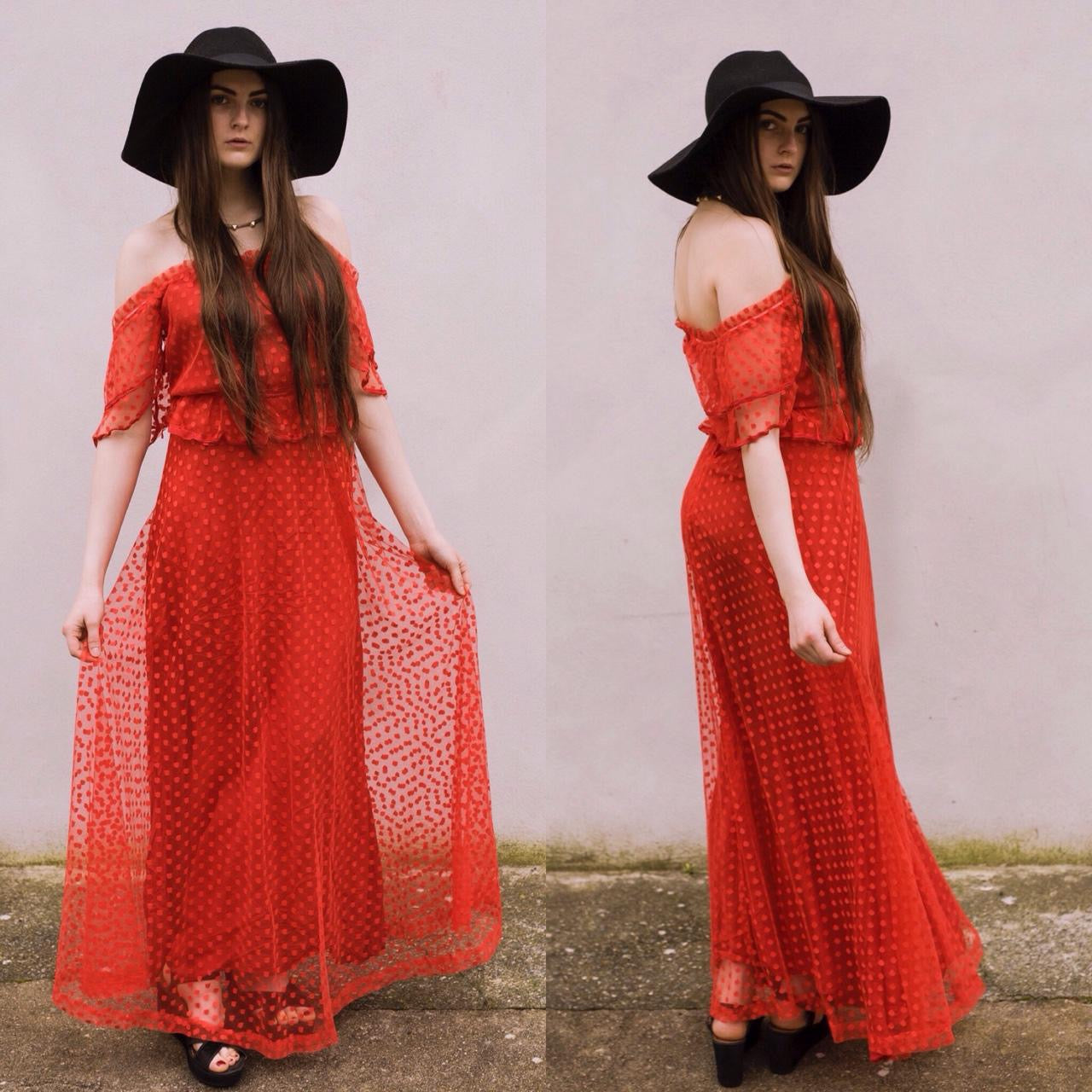 Vintage original 1970s red off shoulder maxi dress with polka dot netting