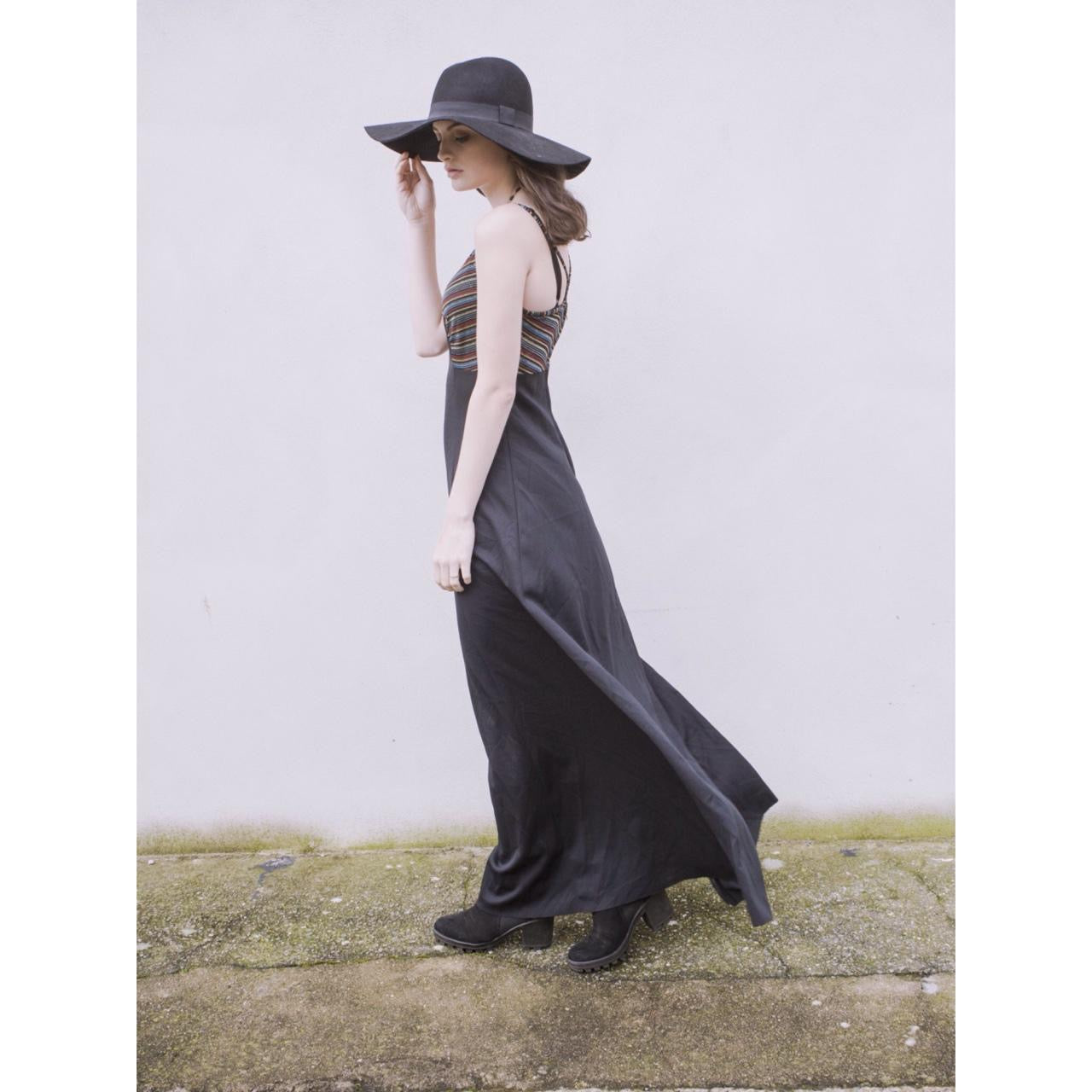 Vintage original 1970s black maxi dress with lurex stripe accent