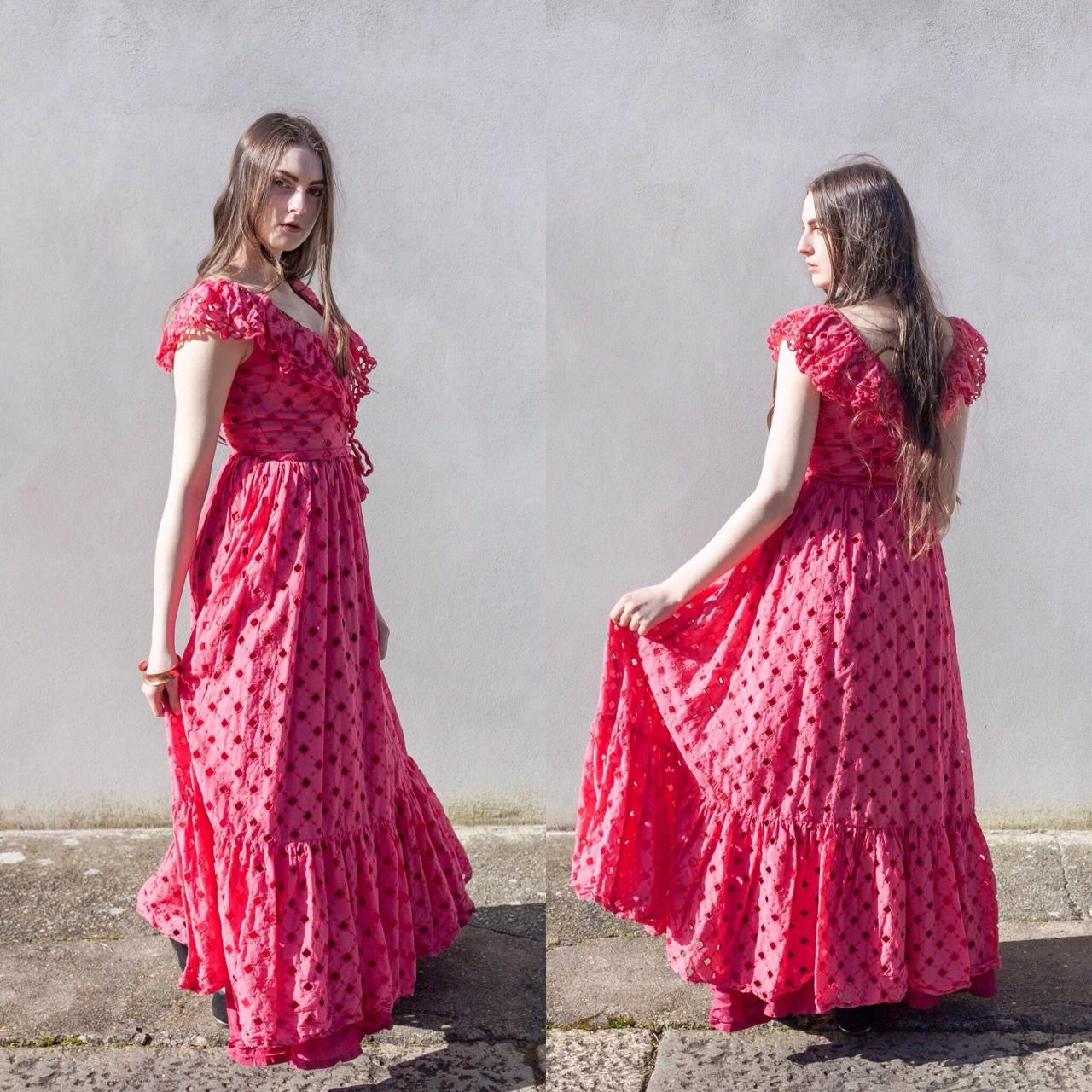 Vintage 70s pink ruffle broderie anglaise feel maxi dress