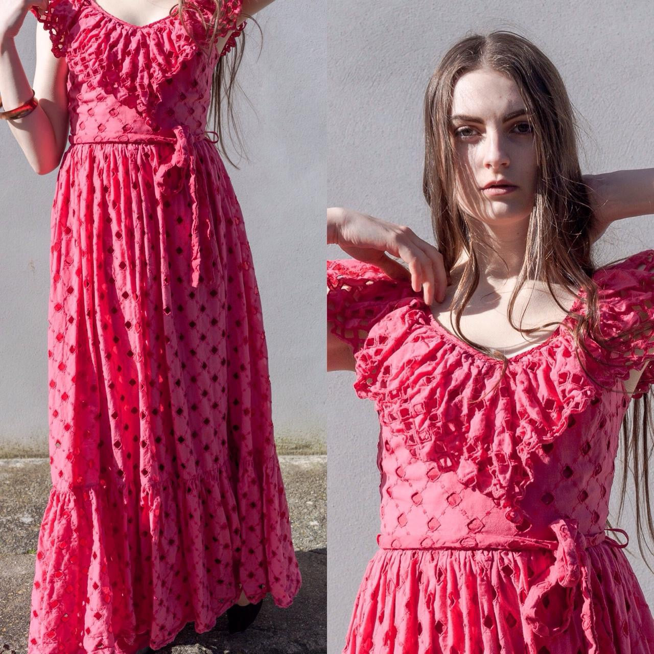 Vintage 70s pink ruffle broderie anglaise feel maxi dress