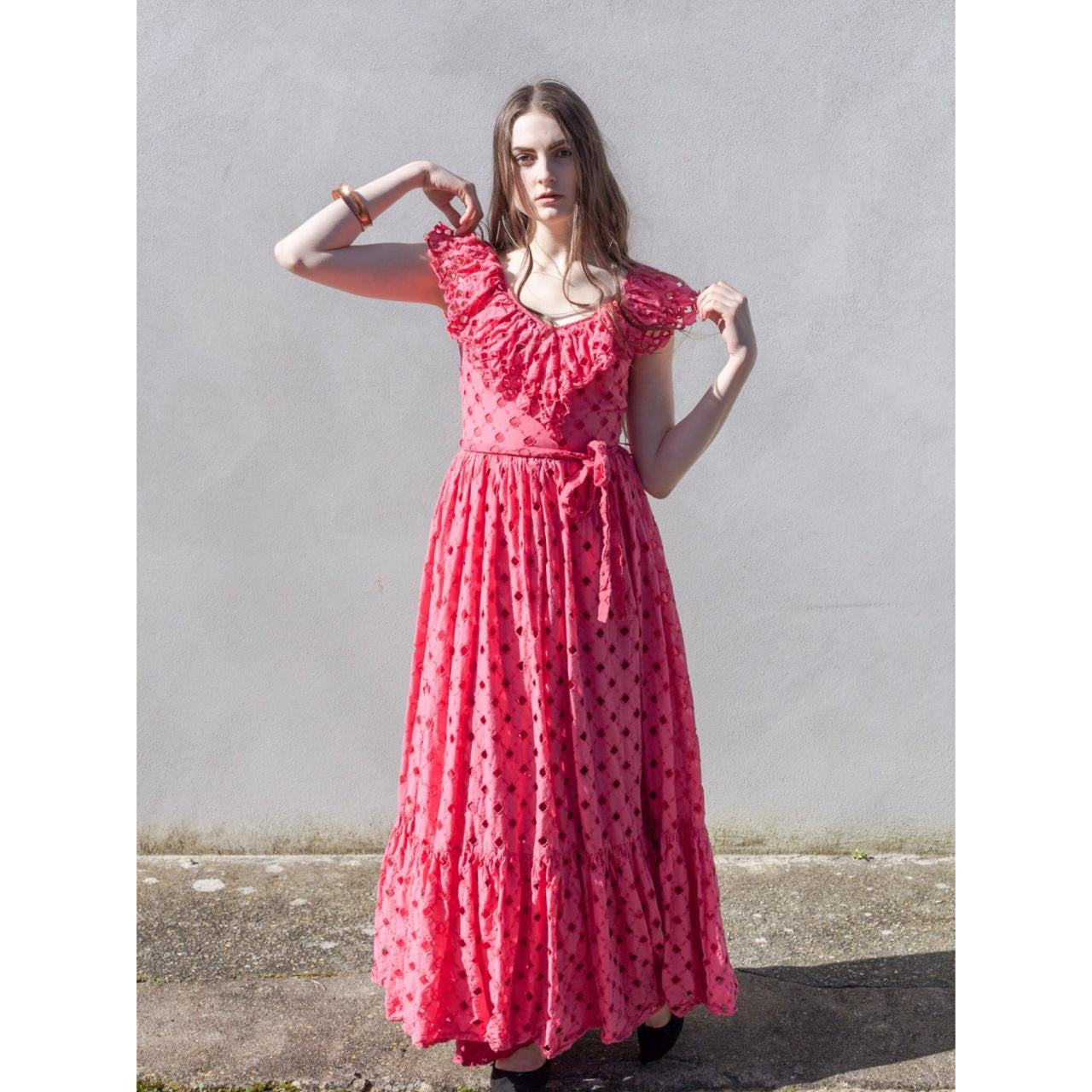 Vintage 70s pink ruffle broderie anglaise feel maxi dress